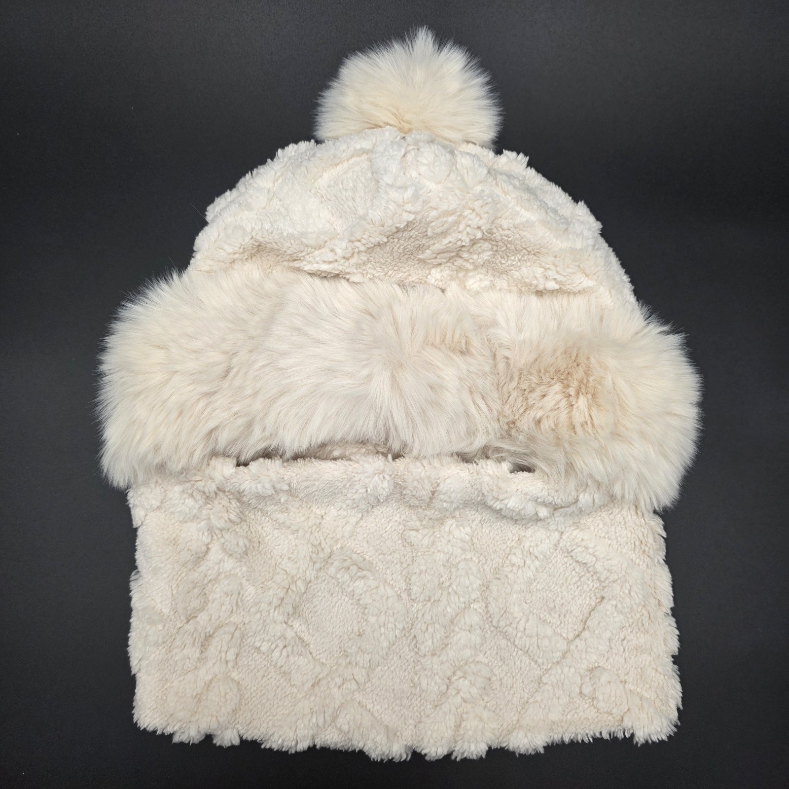 Ivory Winter Knit Soft Fluffy Balaclava Beanie Hat and Scarf Attached Ball Top
