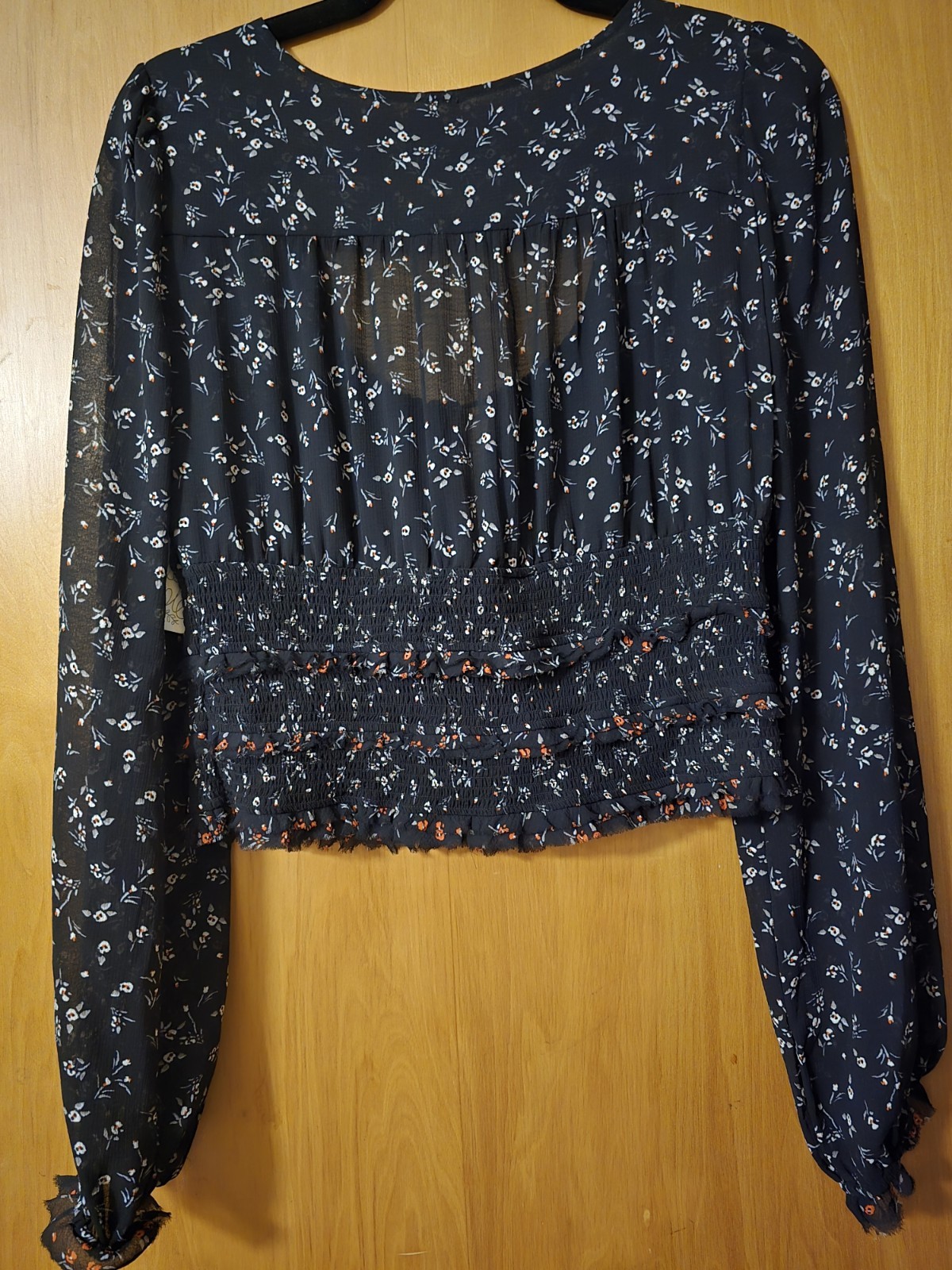 Free People Black Floral Chiffon Smocked Tie Cropped Puff Long Sleeve Blouse M