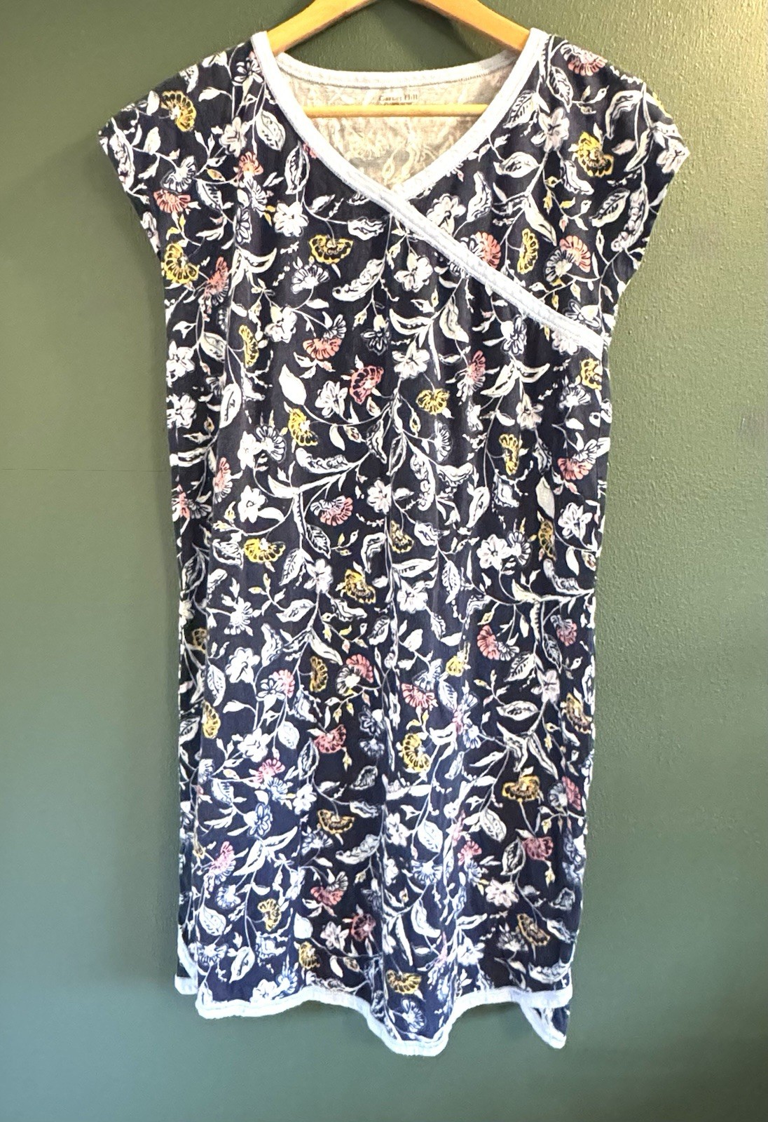 Garnet Hill Organic Cotton Floral Nightgown M Navy Faux Wrap Cap Sleeve