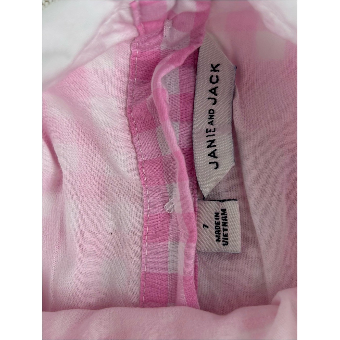 Janie and Jack girls 7 Pink Gingham Sleeveless Smocked Dress Peter Pan Collar