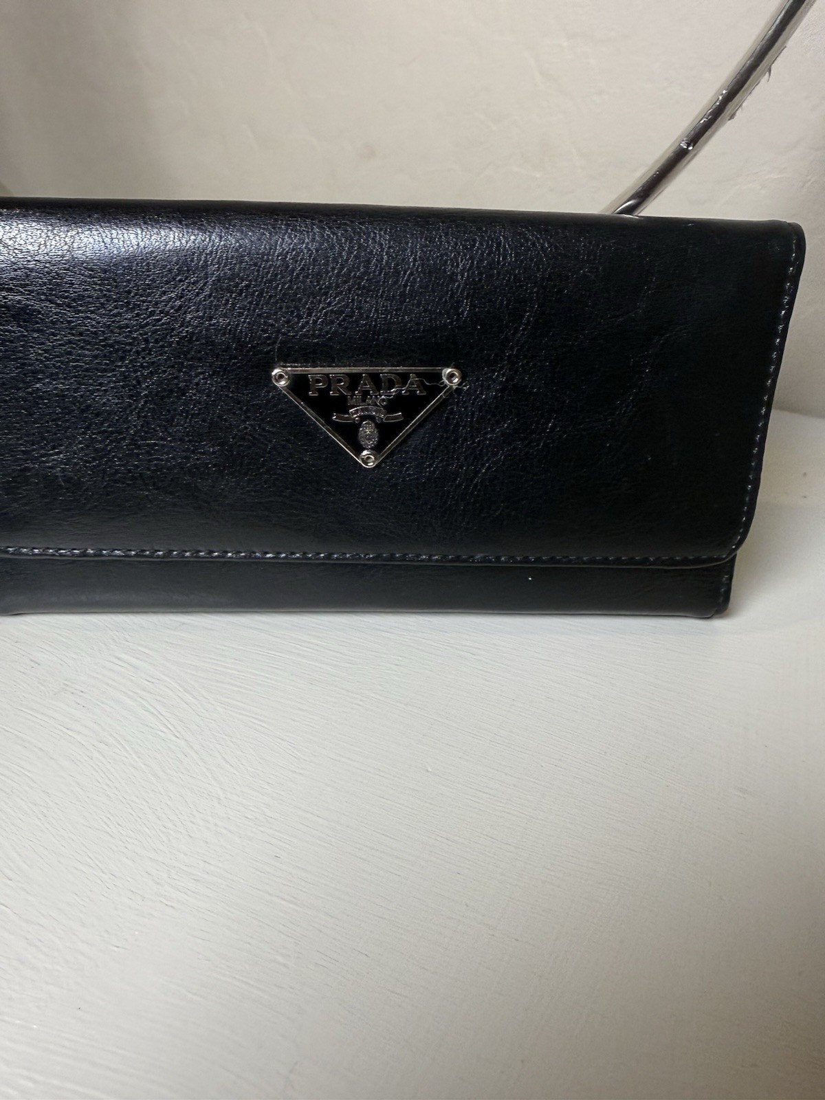 Prada Black Solid Long Clutch Wallet Triangle Logo Plaque Back Zip Pocket