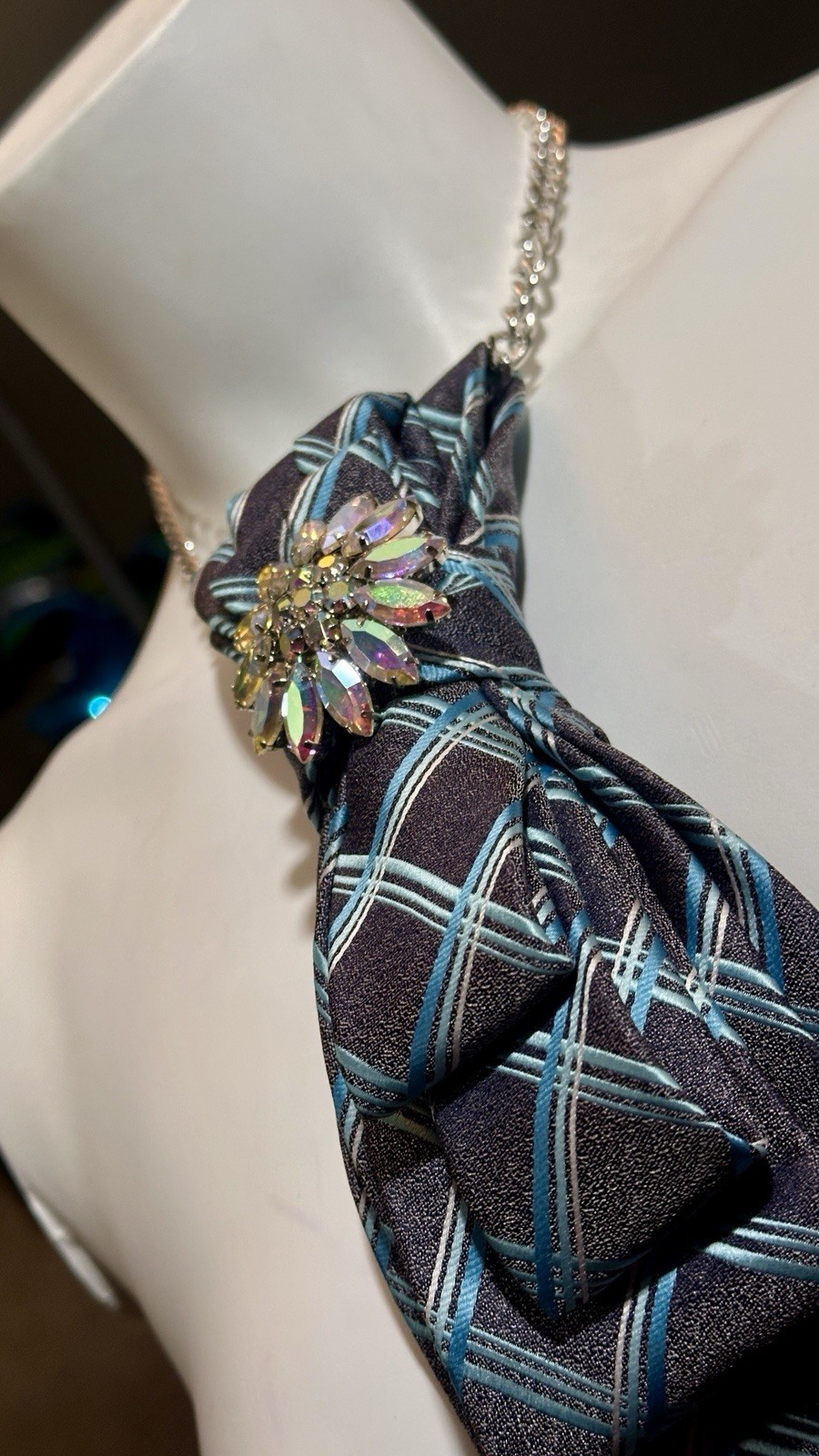 Women’s Blue & Gray Plaid Designer Neck Tie Necklace with Rhinestone Pendant