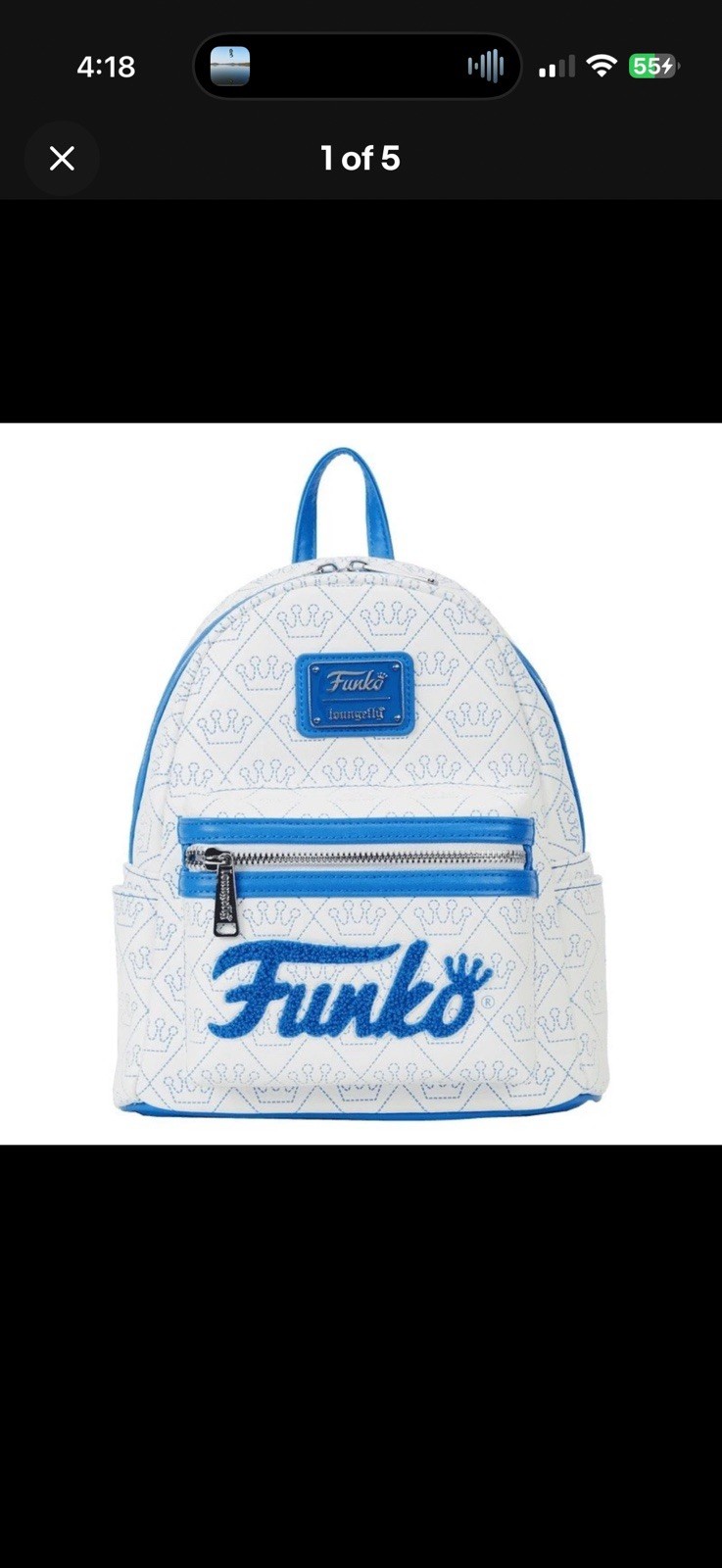 Funko Loungefly Mini Backpack White/Blue Faux Leather Logo Print Zip