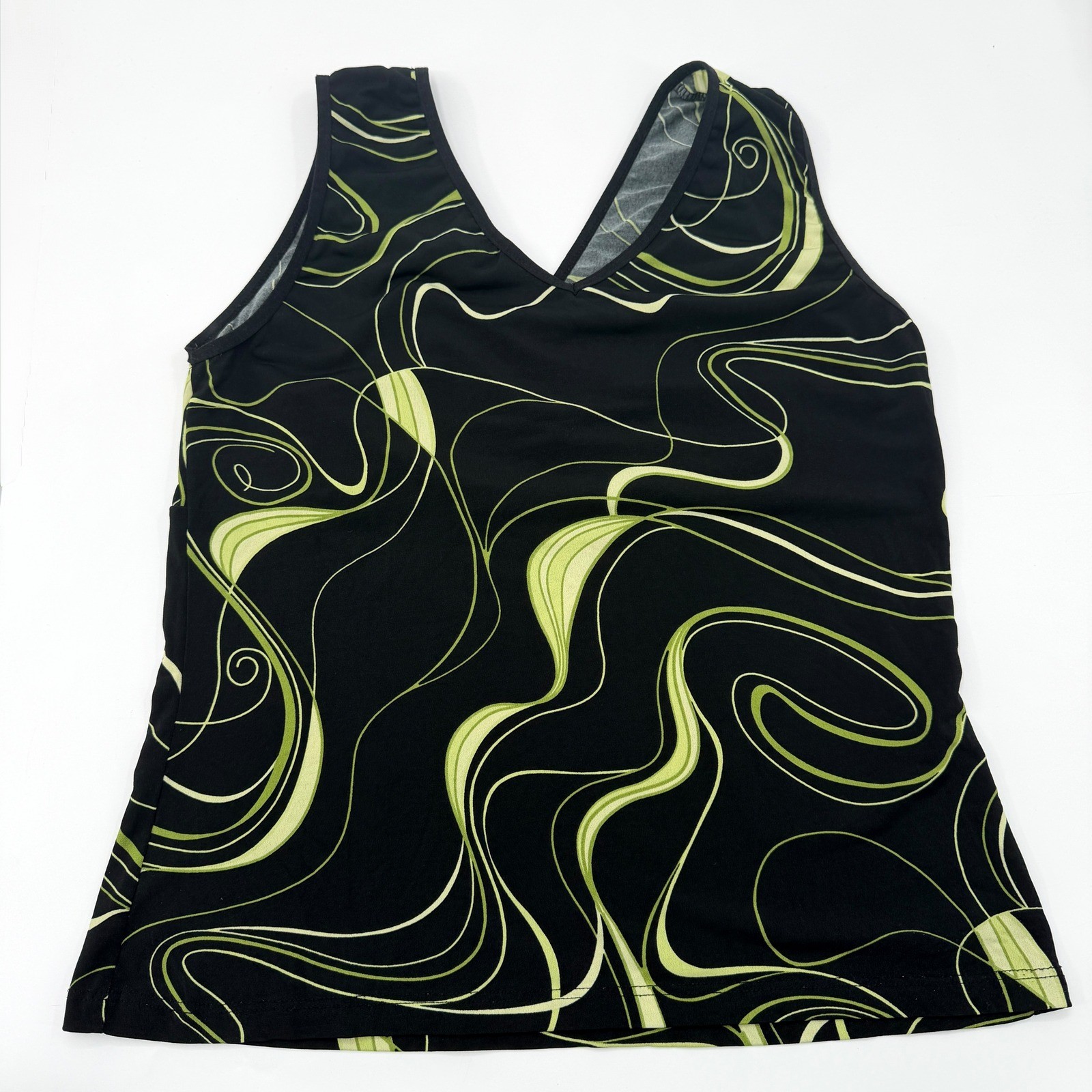 Vintage Y2K Babydoll Stretch Tank in Geometric Swirl Black Neon Green Size L