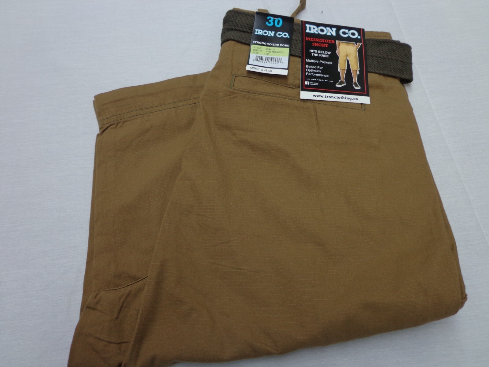 IRON CO. ‘Messenger’ Cargo Belted Below Knee Shorts Vintage Tobacco Size 30 NEW