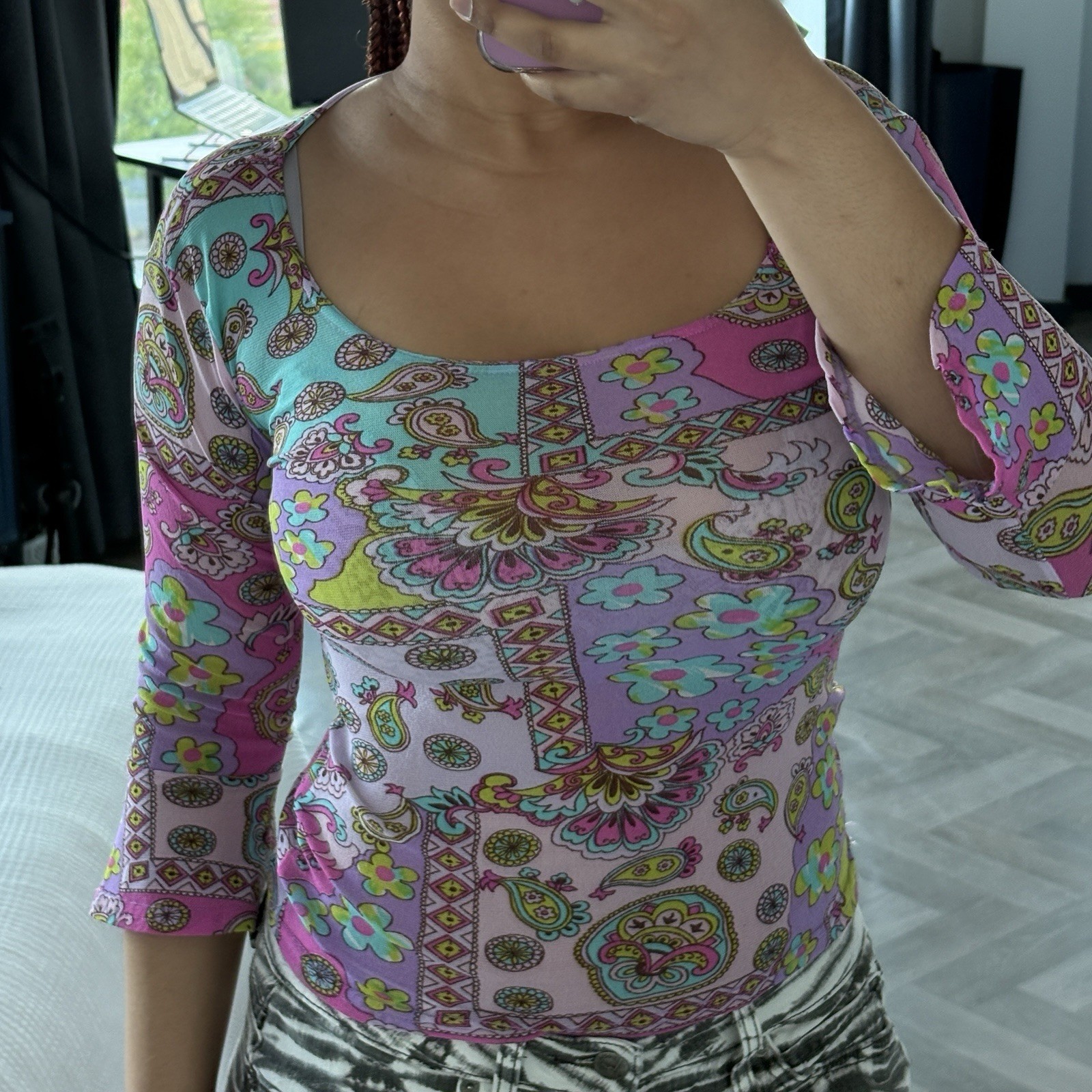 Morgan de Toi Top Vintage Y2K Purple Paisley Floral Mesh Small Women’s Festival