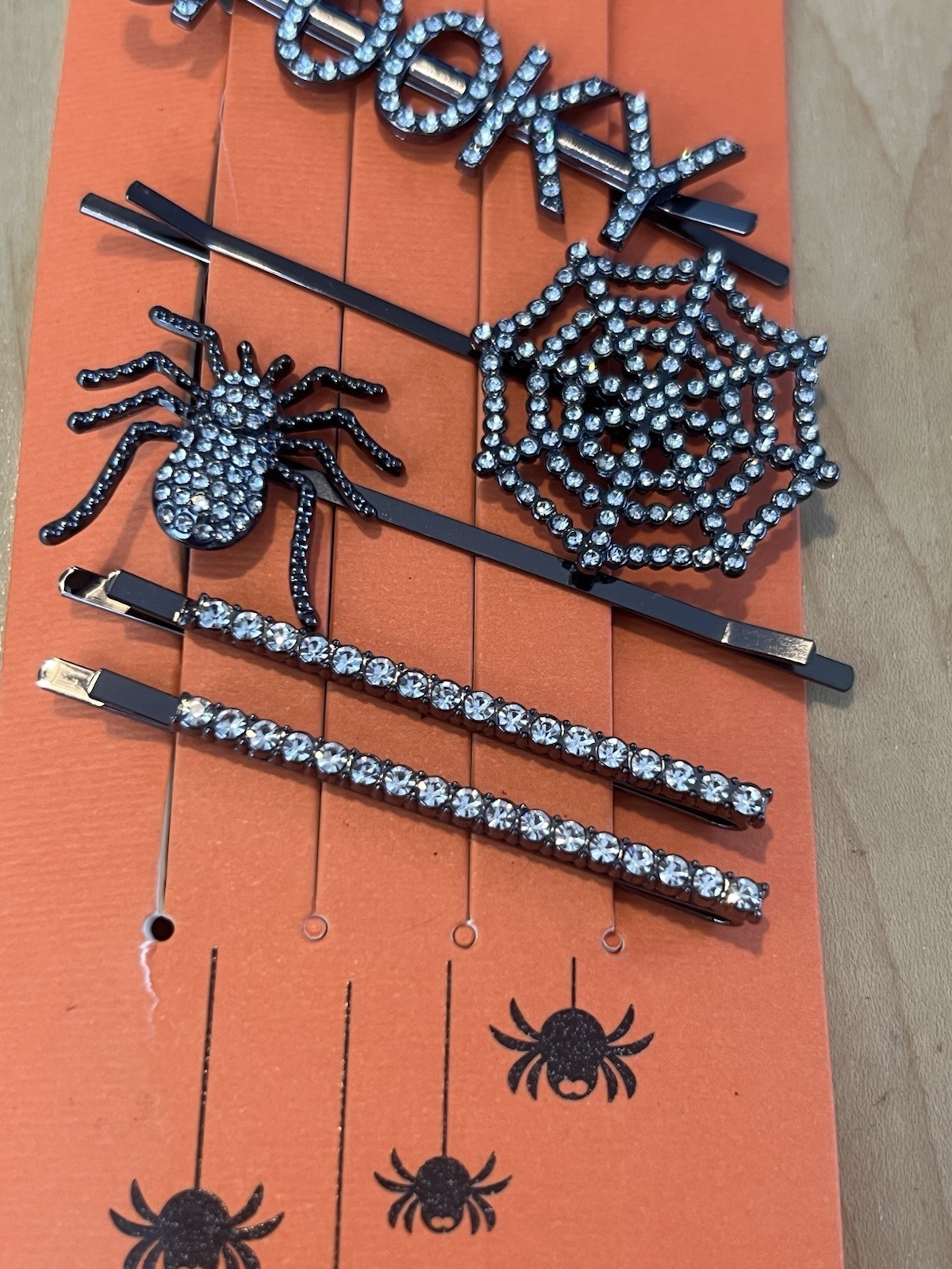 Piper K Halloween Hair Clip Set Rhinestone BOO Spooky Spider Web 6 Pins Bling