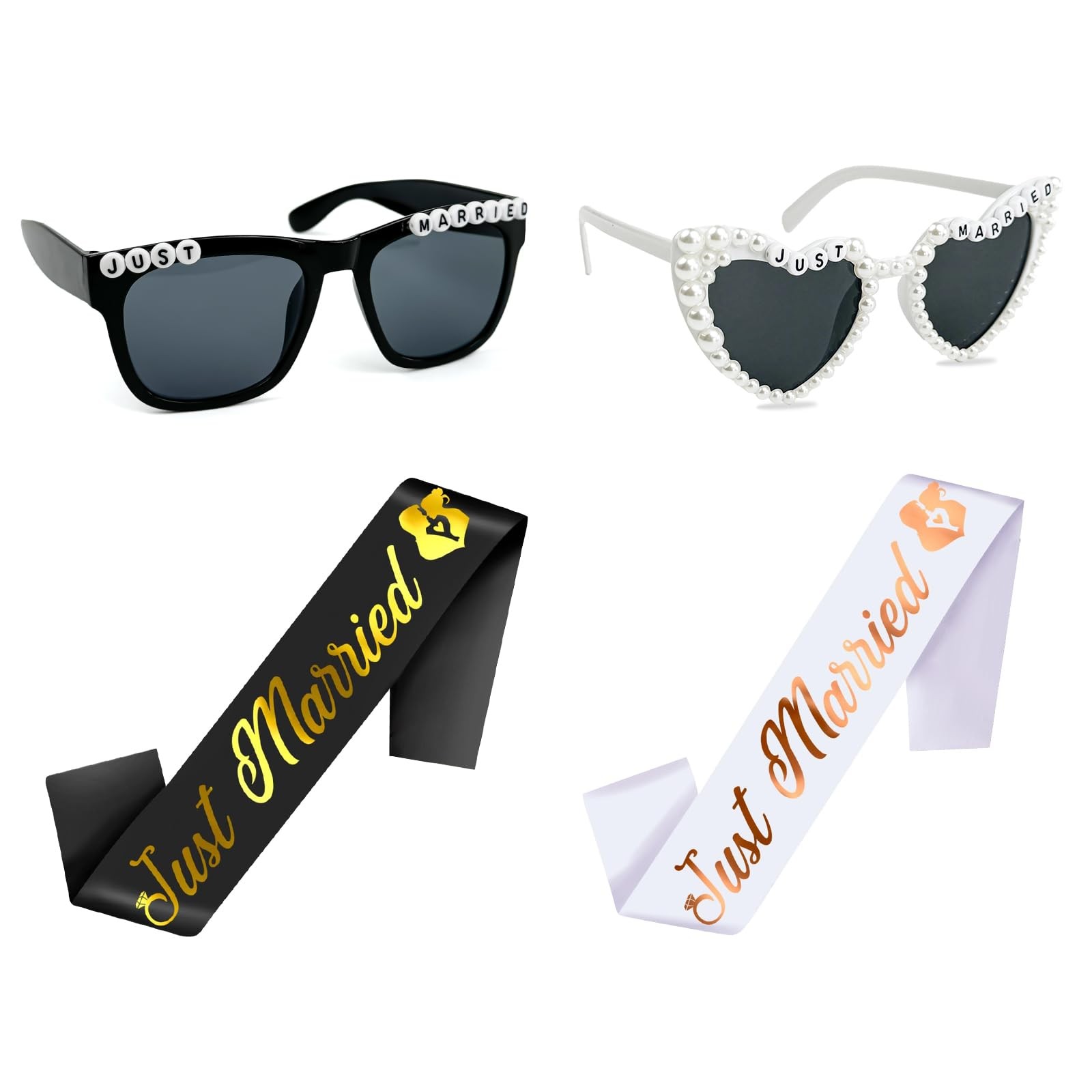 Just Married Bride and Groom Sunglasses with Sash Wedding Honeymoon Accessories