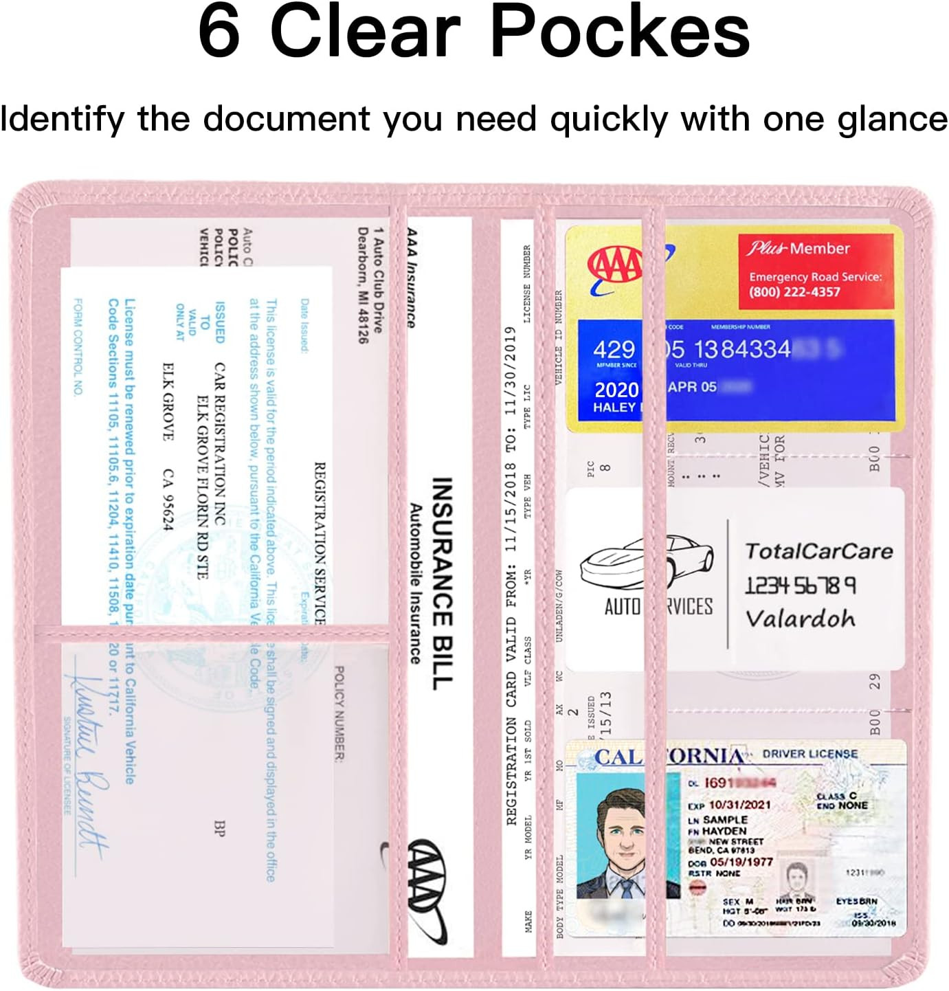 Premium Car Registration And Insurance Card Holder Car Document Holder (Pink)