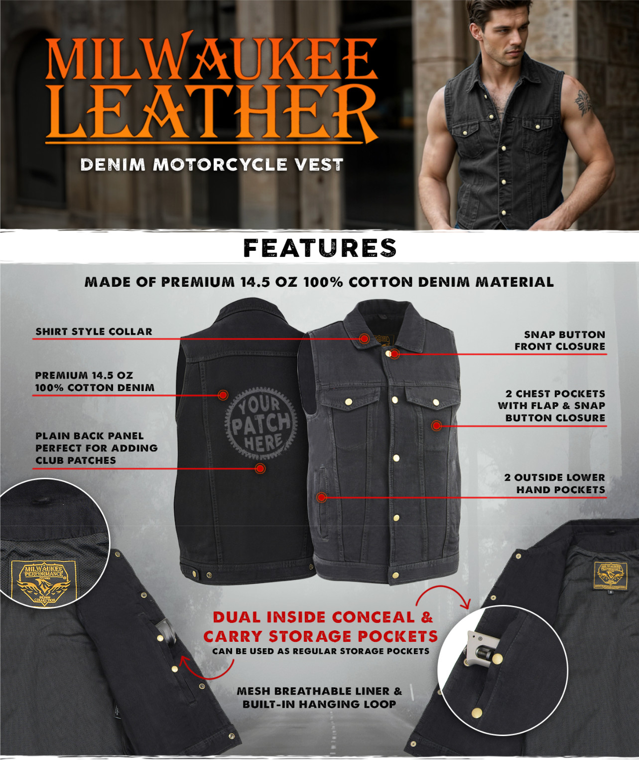 Milwaukee Leather Men’s Snap Front Motorcycle Denim Vest W/ Shirt Collar -DM1331