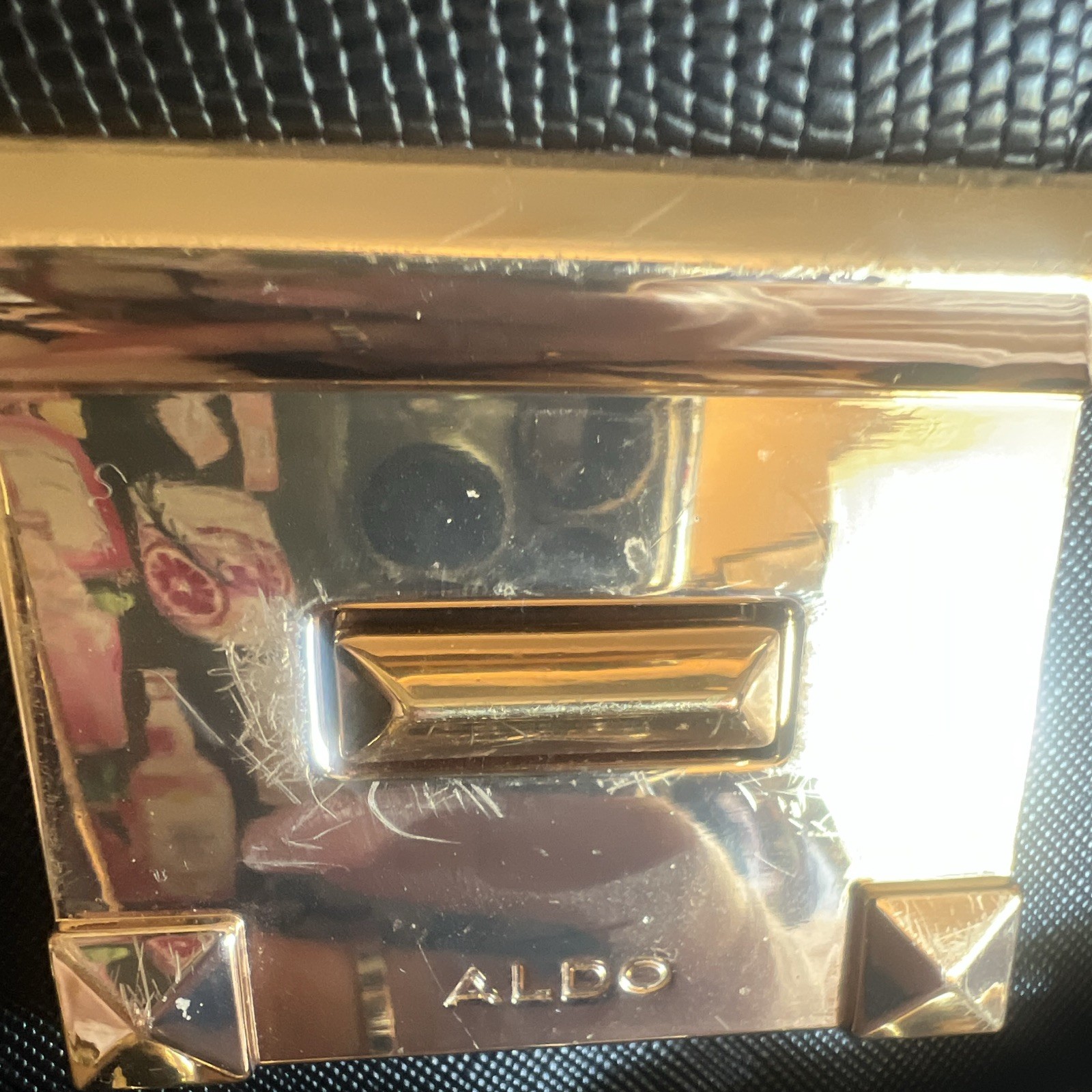ALDO Black Crossbody Bag Turn Lock Gold Hardware Chain Strap Scarf Accent
