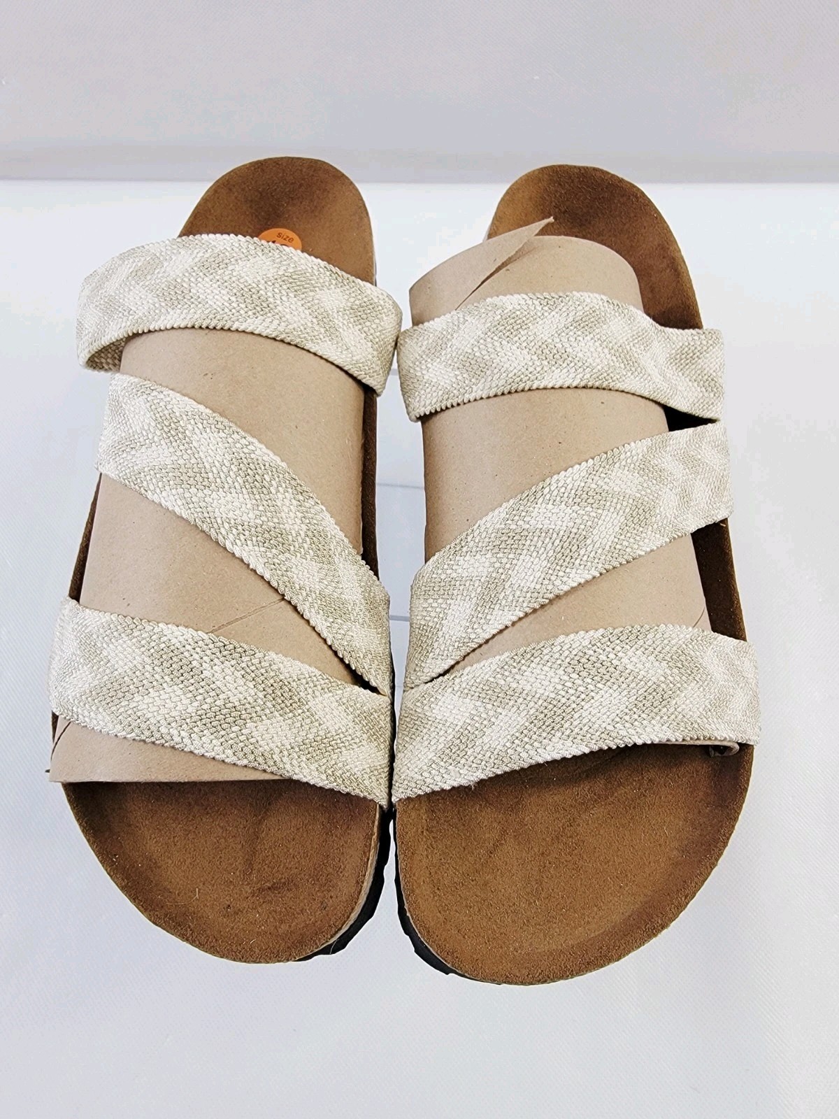 Birkenstock Birkis EU 41 / US 10 Triple Strap Stretch Cotton Plaid Beige & White