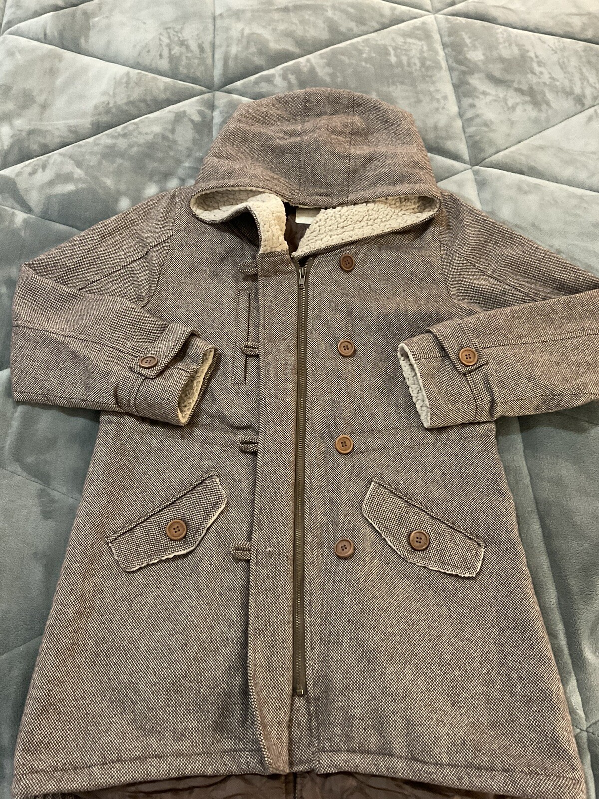 Ray Cousin Cassin Hoodie Herringbone Houndstooth Zip Button Jacket Fully Lined