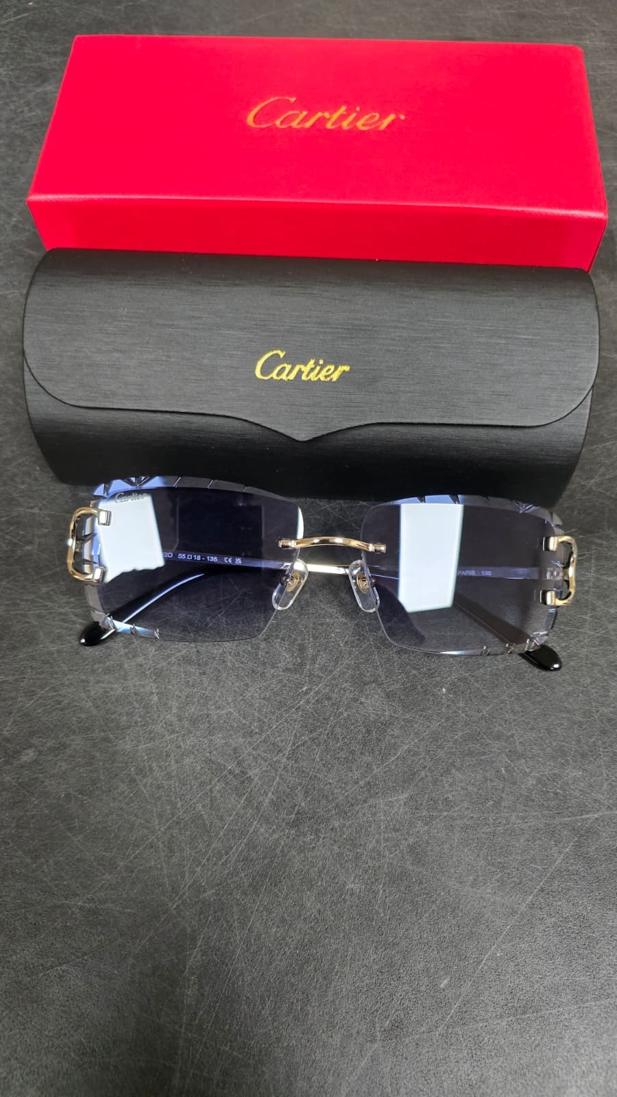 Cartier Big C Diamond Cut Red to Blue Fade Frameless Lens Gold Frame Big Box Ed.