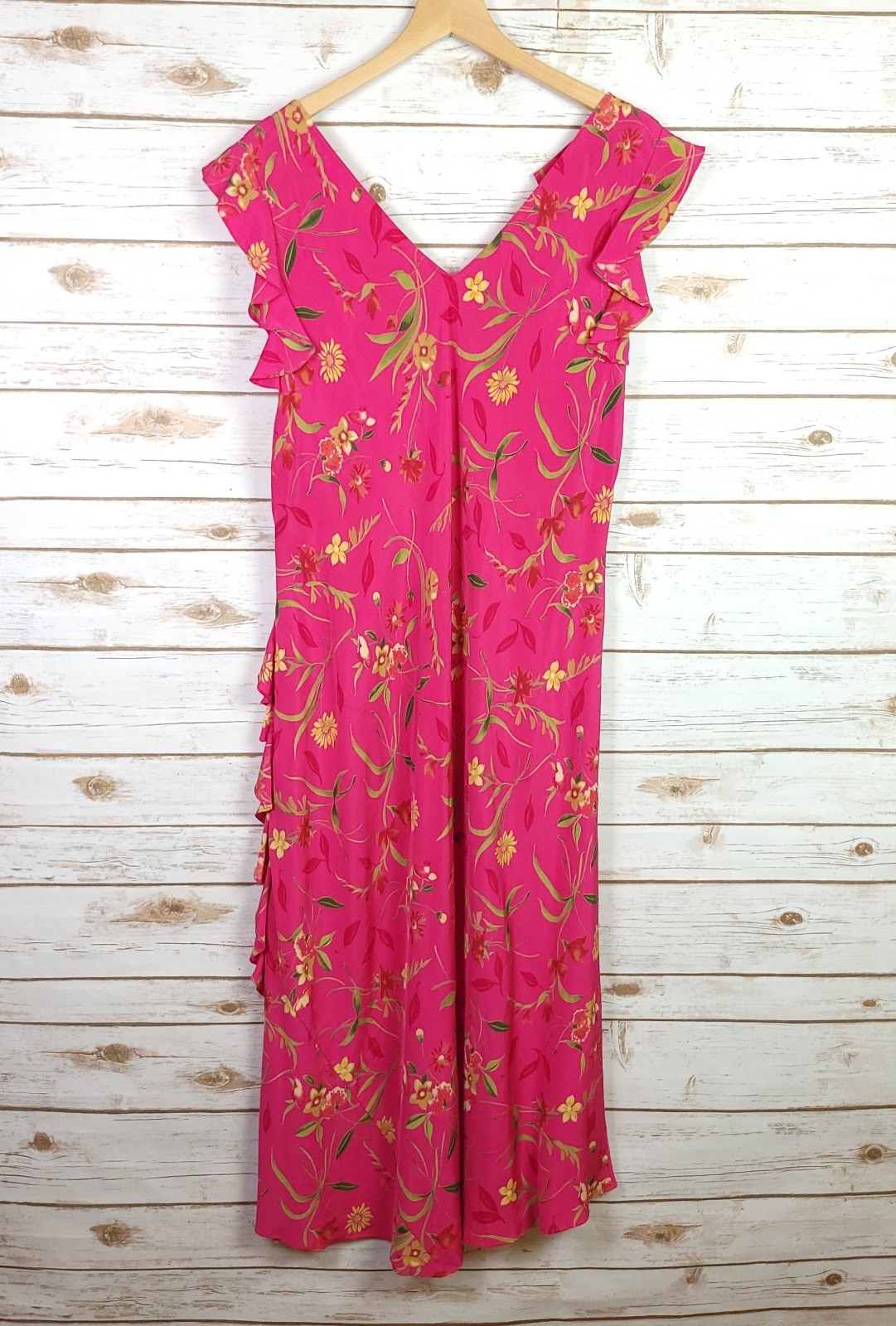 Vtg Diane Von Furstenberg Silk Assets Dress 1X Pink Floral Ruffled Midi