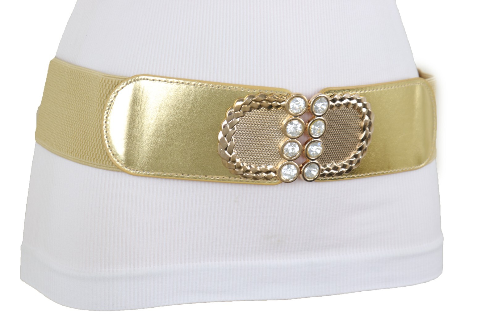 Women Gold Color Elastic Waistband Fabric Strap Fashion Belt Metal Buckle S M