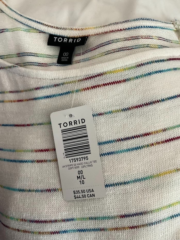 NWT Torrid Hacci Knit Top Size 00 M 10 Off Shoulder Rainbow Stripe Raglan Tee