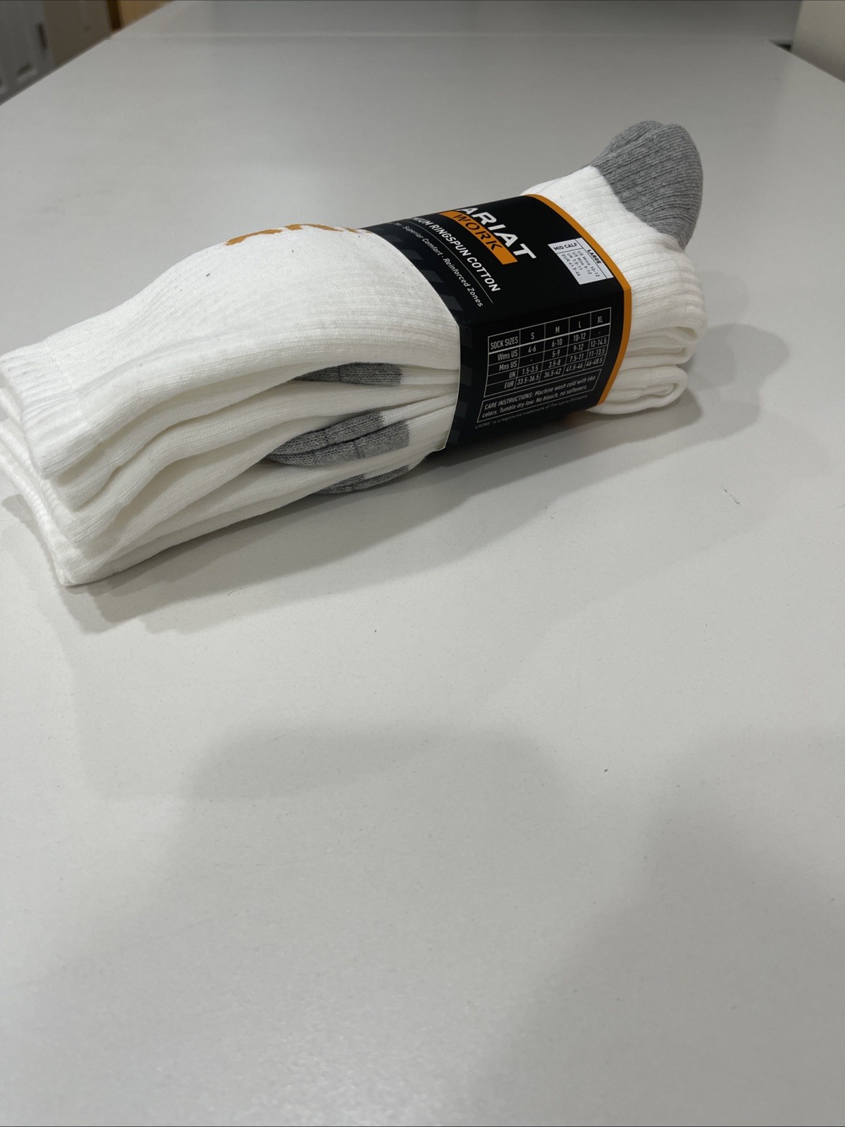 Ariat Premium Ringspun Cotton Crew Work Sock 3 Pair Pack White L