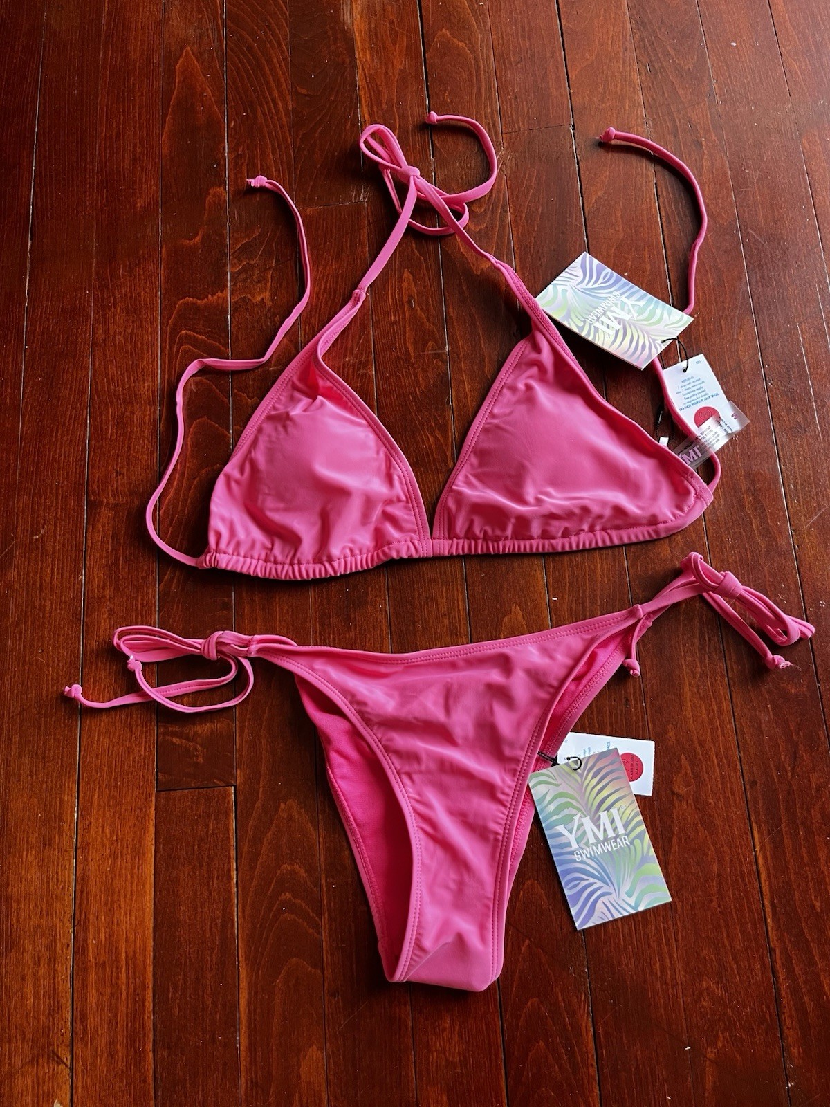 YMI Swimwear Women’s Solid Pink 2-Piece Triangle Halter Bikini Set Size M