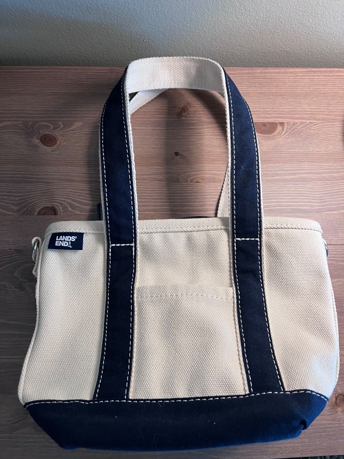 Small Natural 3 Pocket Zip Top Long Handle Lands End Canvas Tote Bag