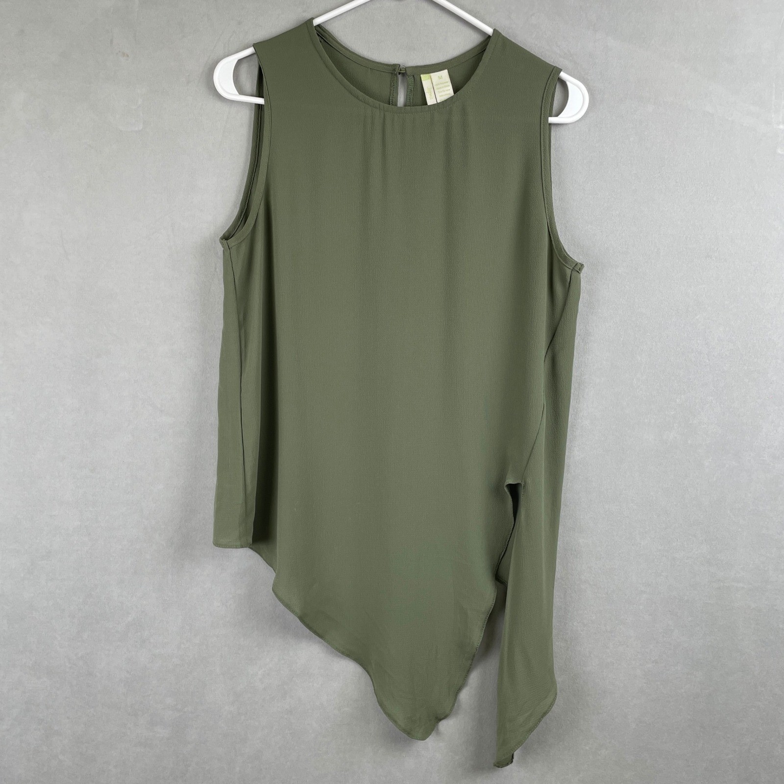 Japna Olive Green Side Tie Sleeveless Blouse Crepe Asymmetrical Chic Top Drape M