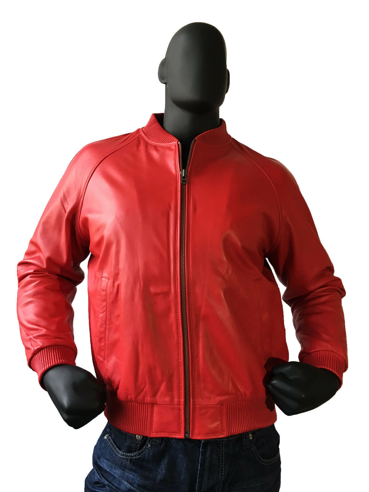 Men’s Genuine Lambskin Leather Red Bomber Jacket Baseball Varsity Style Jacket