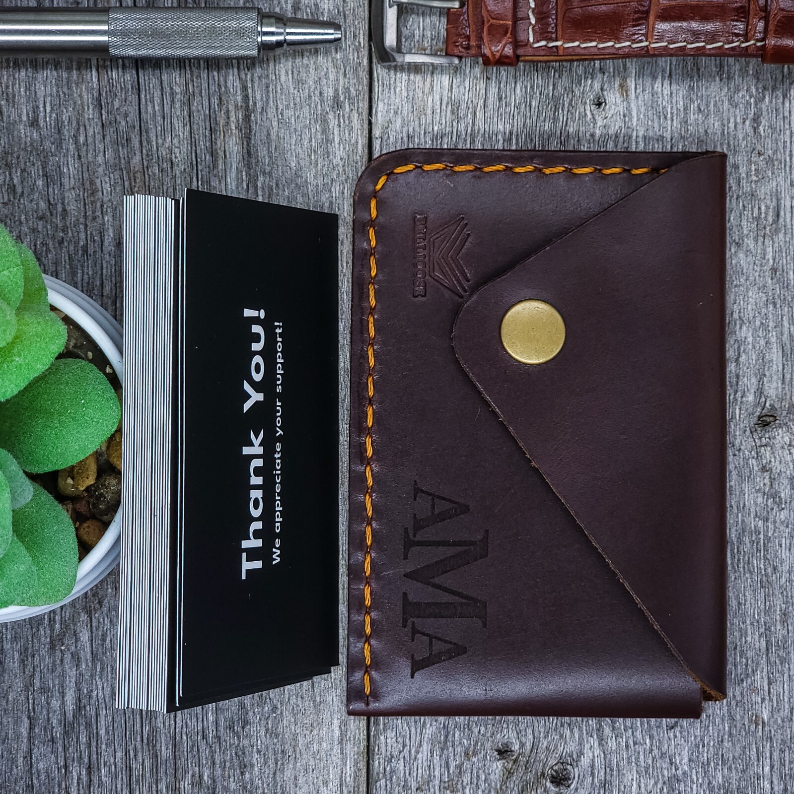 Leather Business Card Holder, Front Pocket Leather Card Holder, Holds 20 Cards
