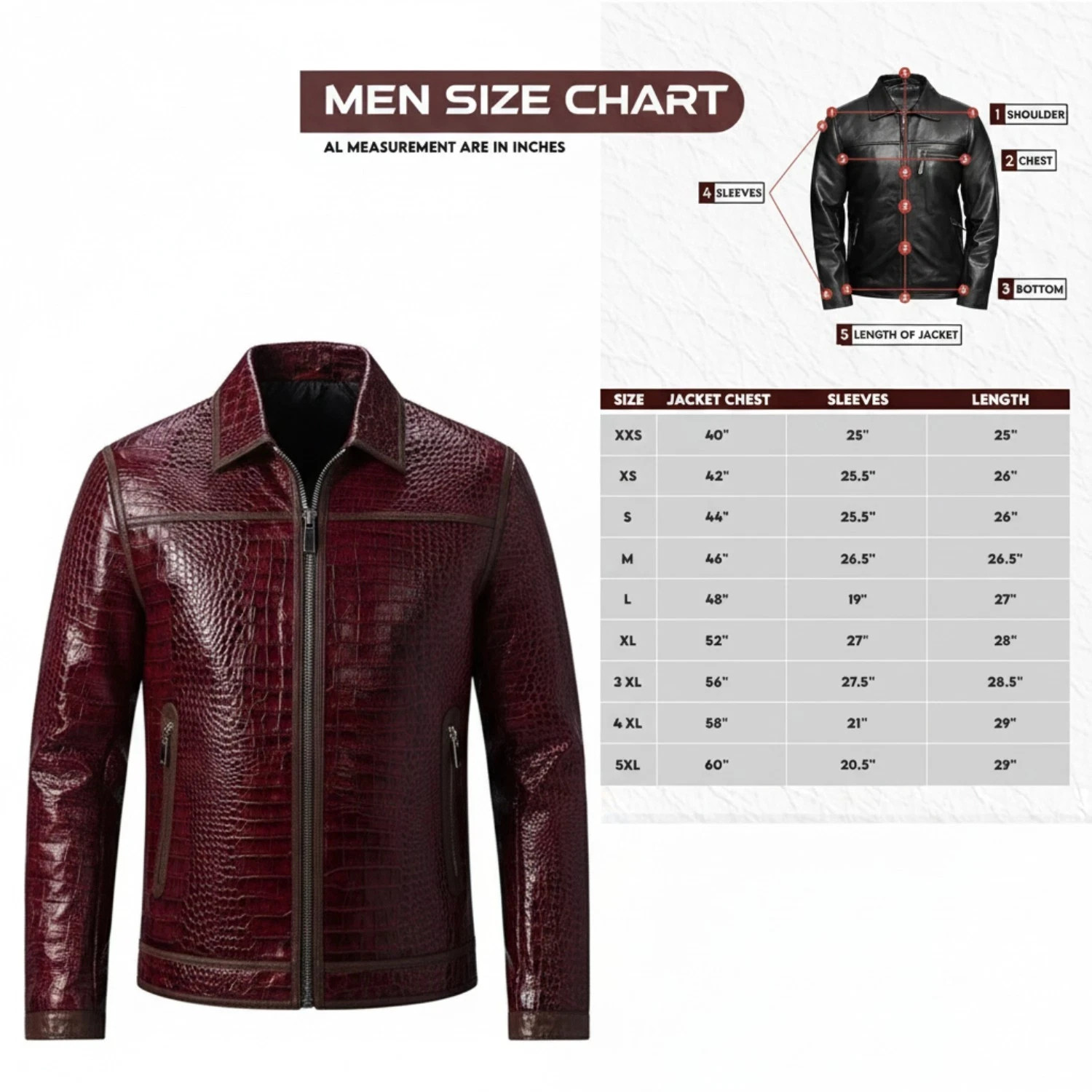 Men’s Burgundy Crocodile Embossed Leather Jacket Luxury Exotic Zip Biker Coat