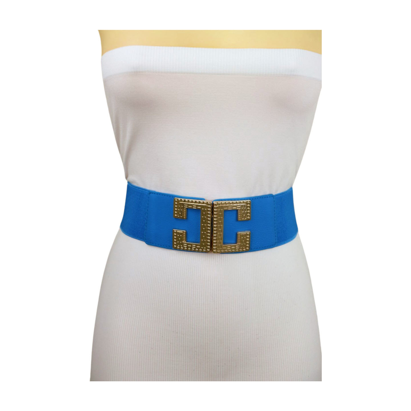 Women Blue Elastic Wide Fashion Belt Hip High Waist Gold Metal C Buckle Size S M