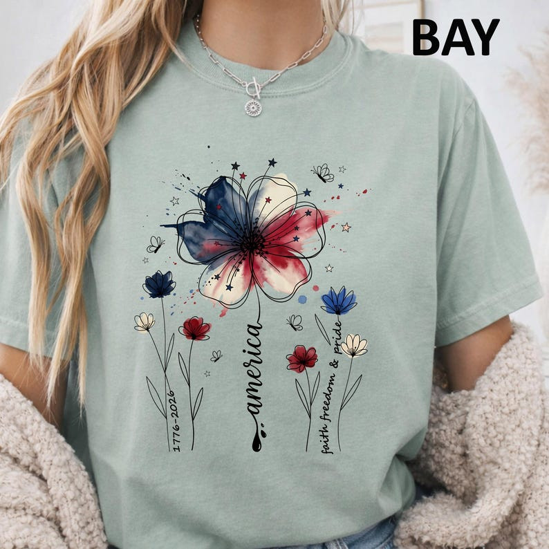Comfort Colors Patriotic Boho Floral T-Shirt American Wildflower July 4th Tee