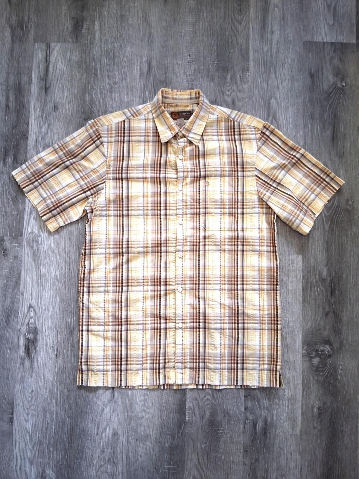 GH Bass Earth Men’s Small Yellow Plaid Seersucker Short Sleeve Button Up Shirt