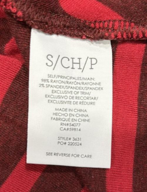 CAbi Sweet Talk Tee 3631 Garnet Red Striped Ruffle Hem Scoop Neck Womens Small