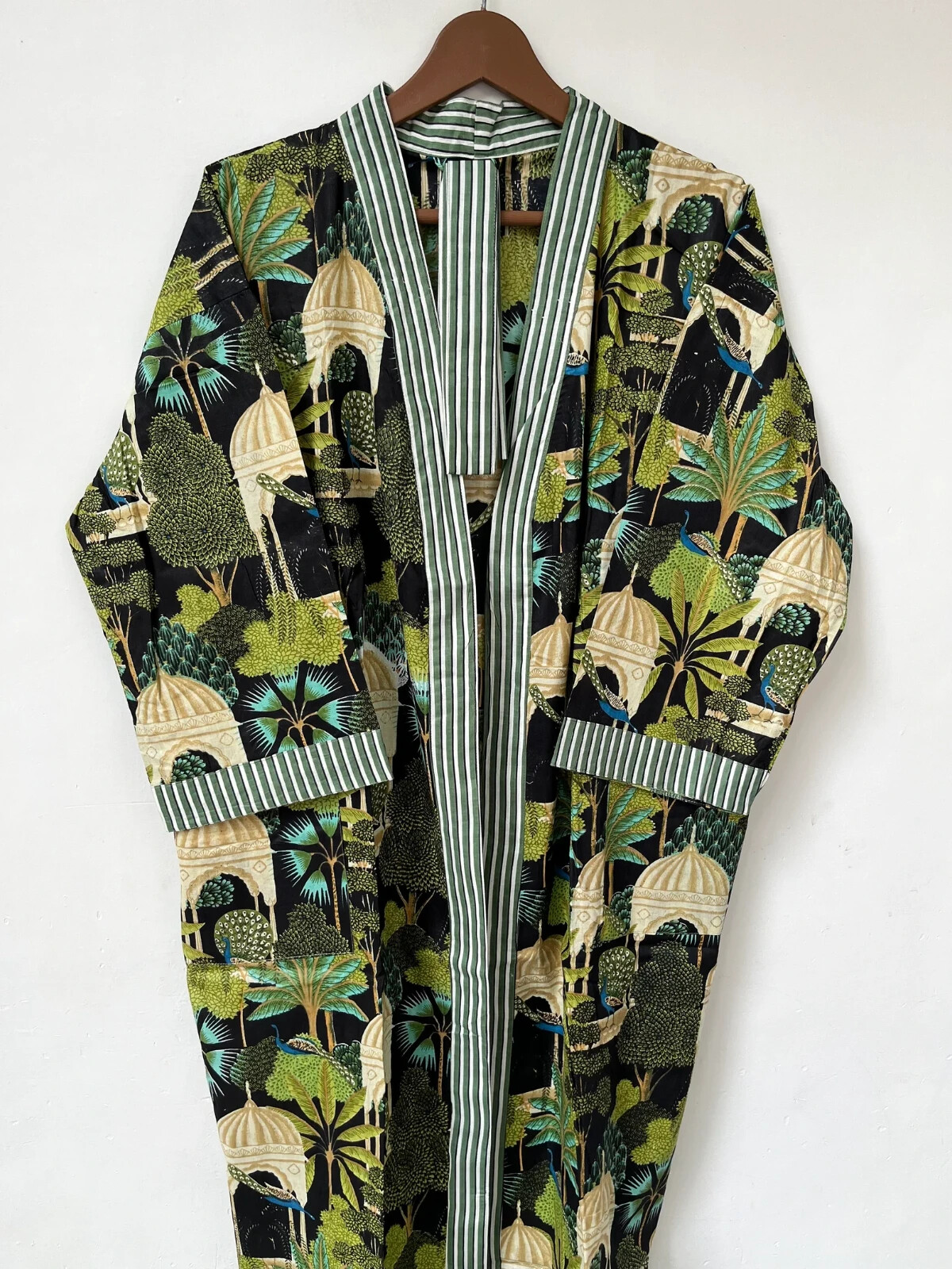 Indian Cotton Robe Long Kimono Sleepwear Black Floral Printed Night Kimono Robe