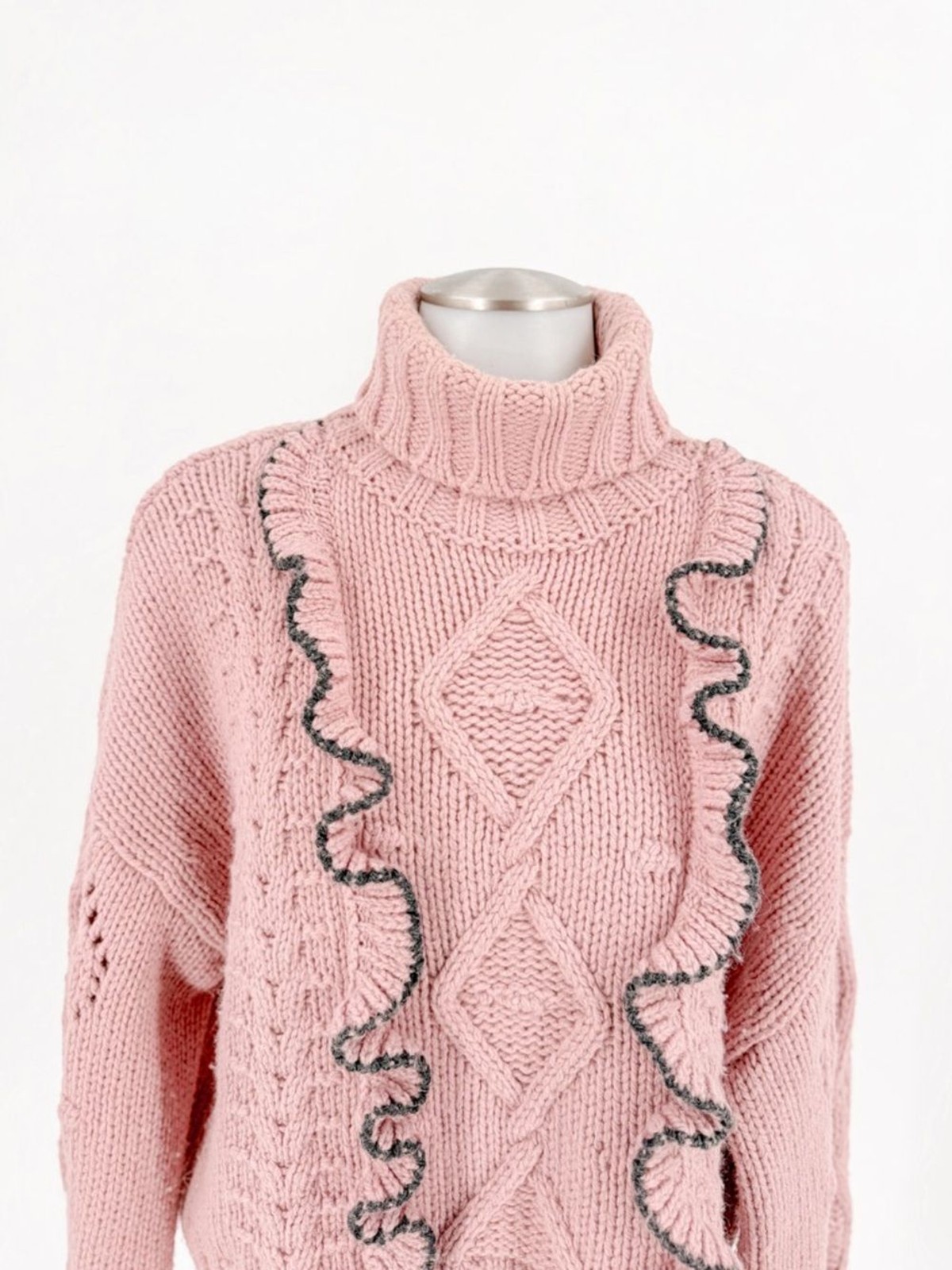 cinq a sept Dusty Pink Cable Turtleneck Sweater with Contrast Trim
