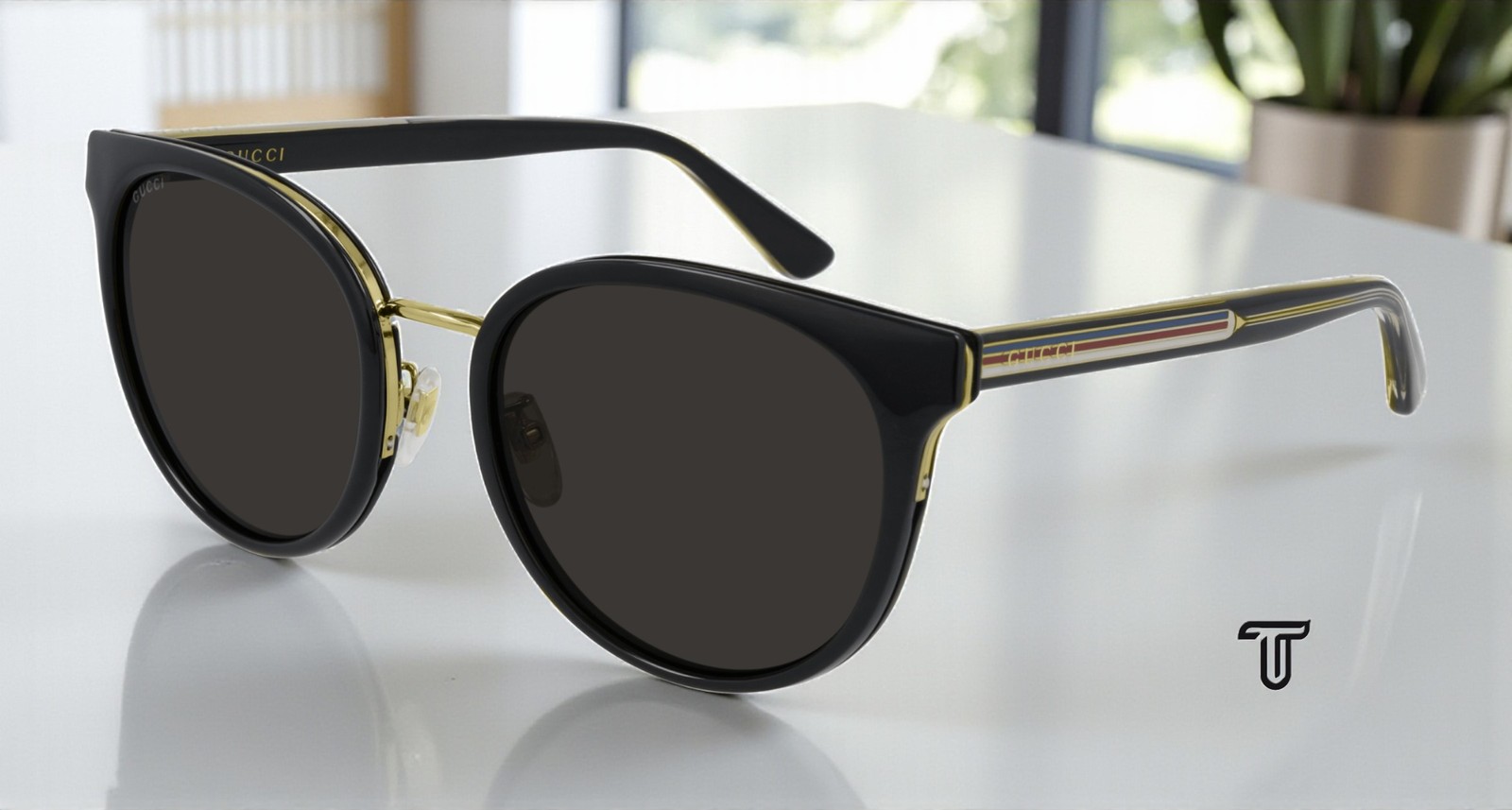 GUCCI GG0850SK 002 Round Oval Panthos Black Shiny Grey 56 mm Women’s Sunglasses
