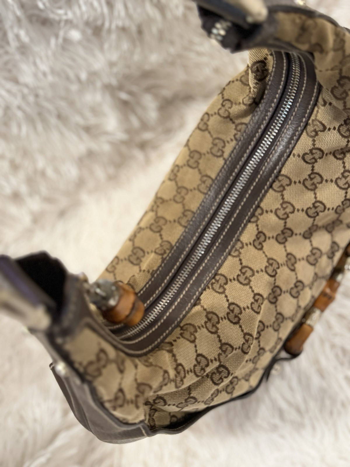 Vintage Gucci GG Monogram Bamboo Amalfi Brown Medium hobo Shoulder Bag