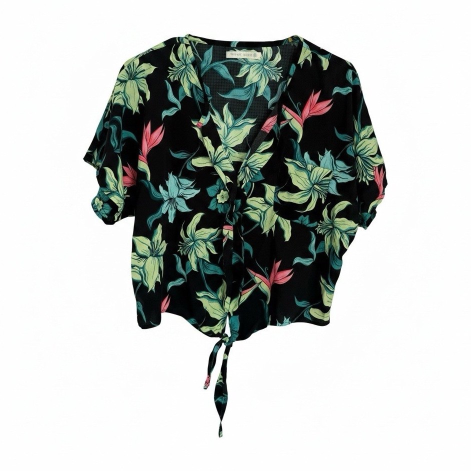 Tamara Black Floral V-Neck Short Sleeve Button Tie-Front Blouse Maternity M