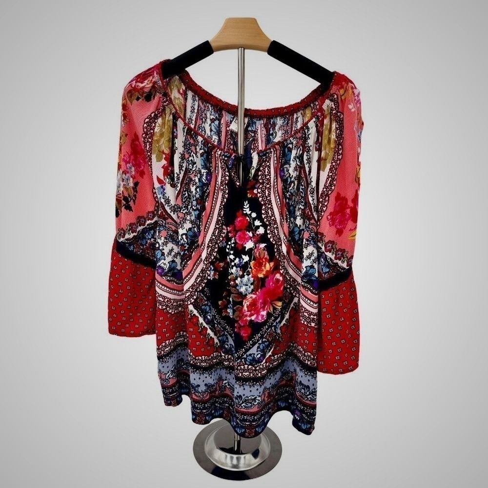 BillaBong Boho Floral Paisley Peasant Blouse Red Pink Navy Bell Sleeve Top