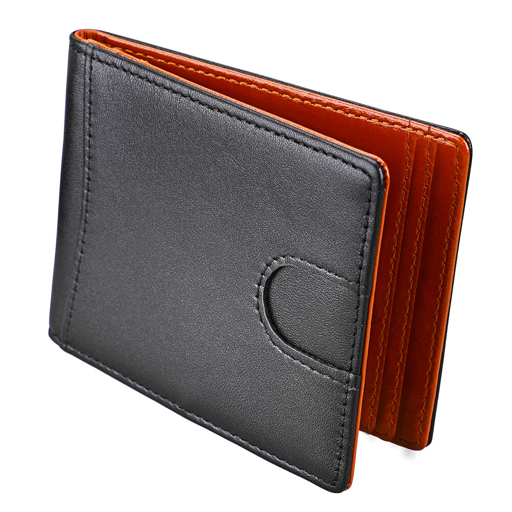 Leather RFID Blocking Slim Black Unisex Wallet Short Two Fold Small Card Package