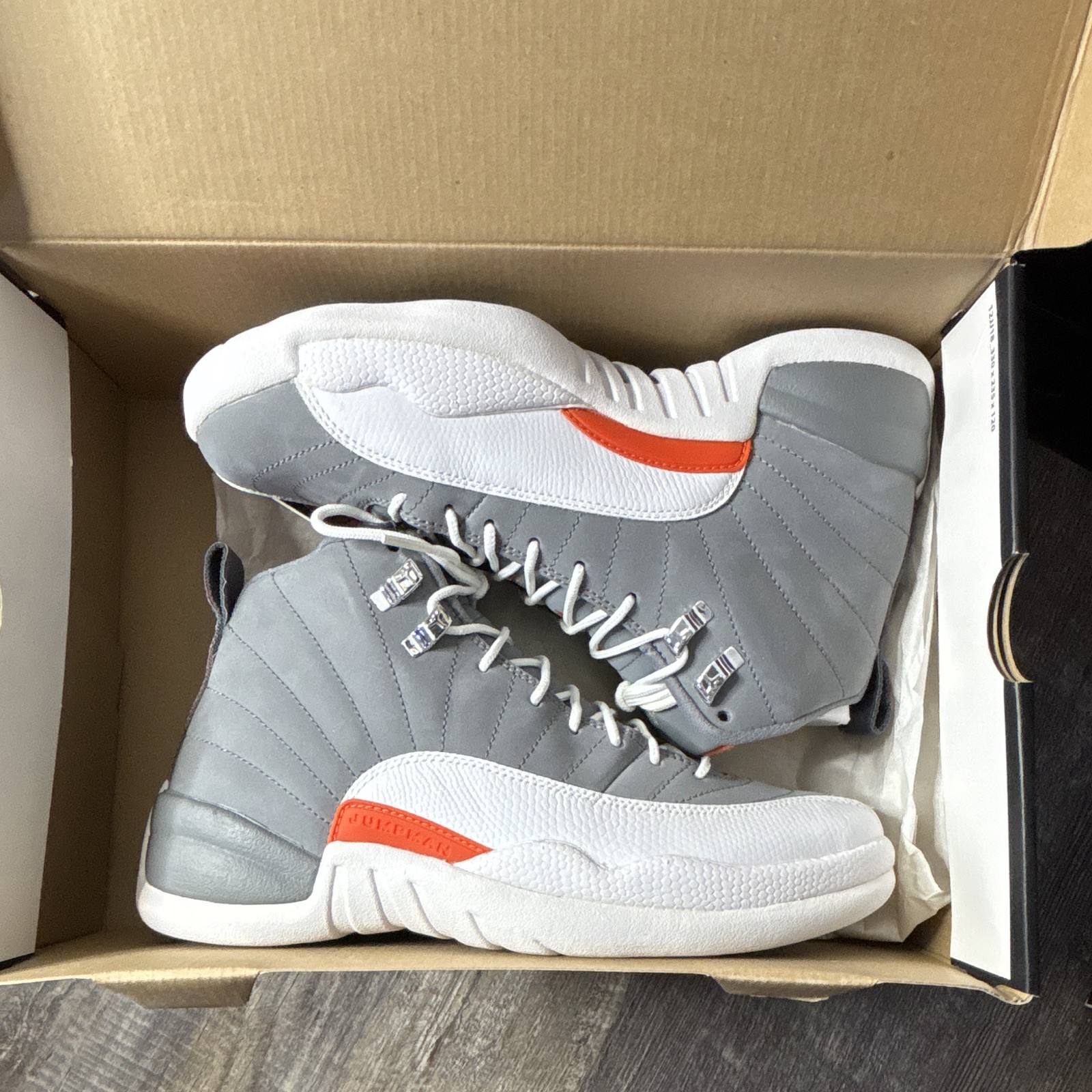 Jordan Air Jordan 12 Retro GS Cool Grey/White/Orange Leather High Top 7.5Y