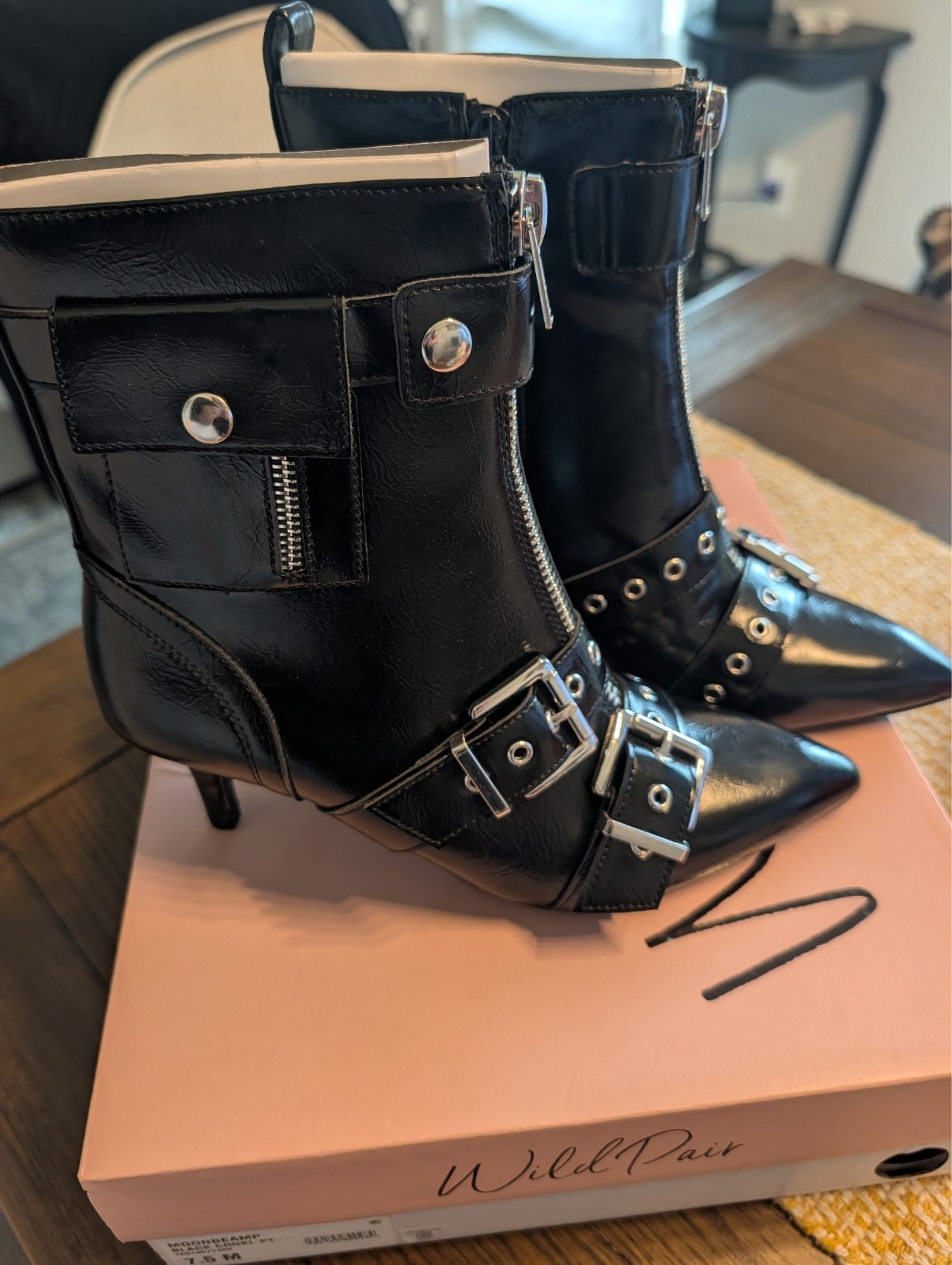 Black Patent Leather with buckles Kitten Heel Booties, size 7.5, new in box