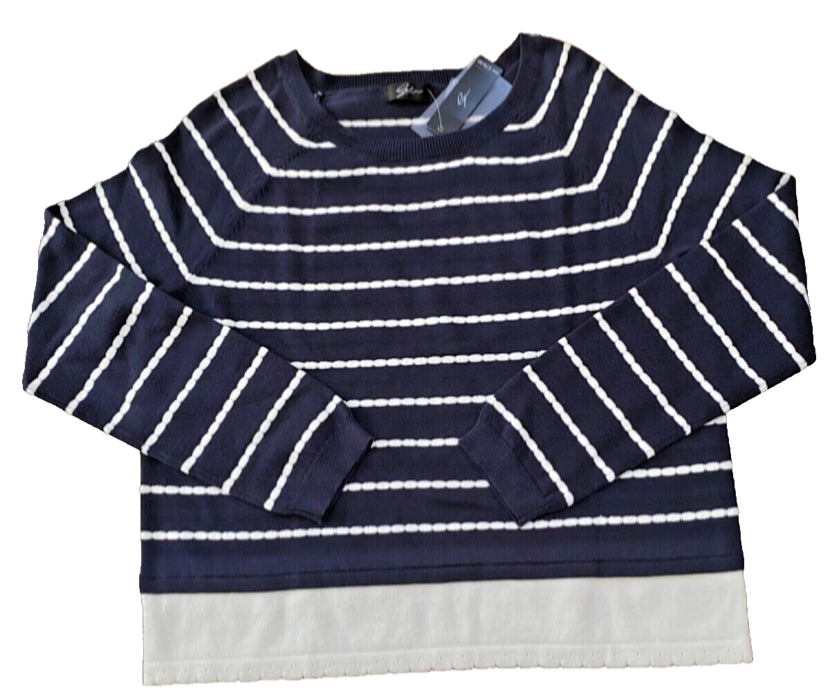 Lynn $79 Women’s M. Pullover Sweater Navy Blue w/White Pearl-Chain /Contrast Hem