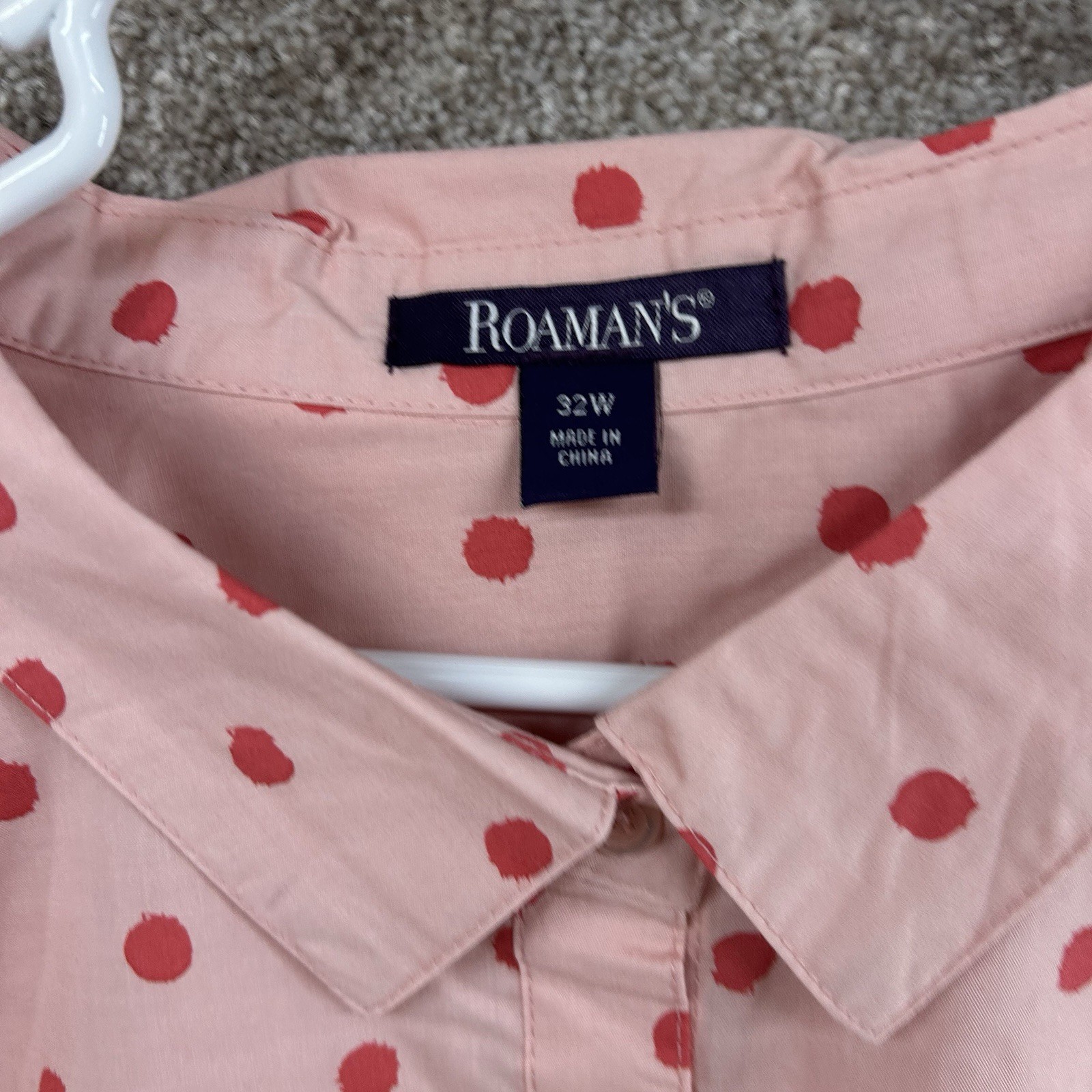 NWOT Roman’s Women’s Button Front Shirt Size 32W Pink Red Polka Dot Blouse Plus