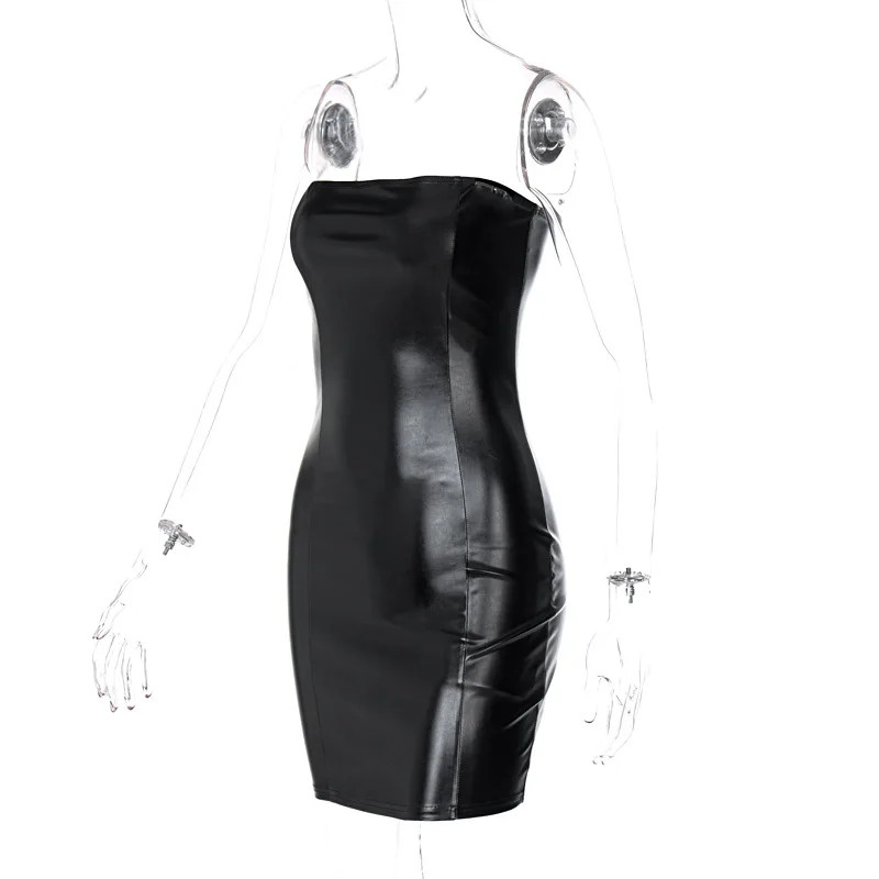 Women Sexy Party Strapless Bodycon Pu Leather Slim Package Hip Dress Sundress