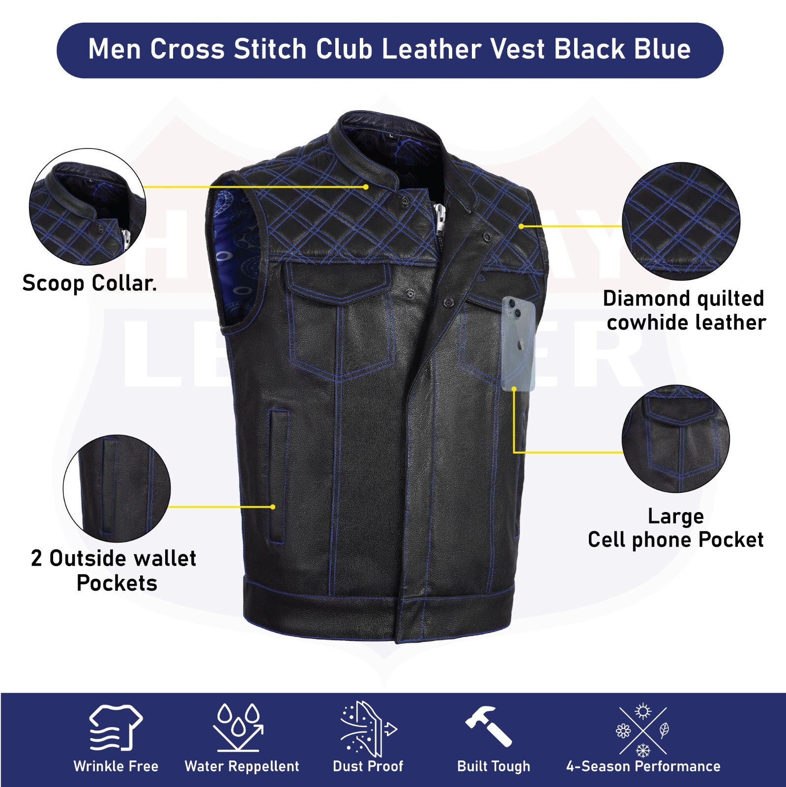 BLUE HL11693SPTBLUE Black Men Cross Stitch Club Leather Vest