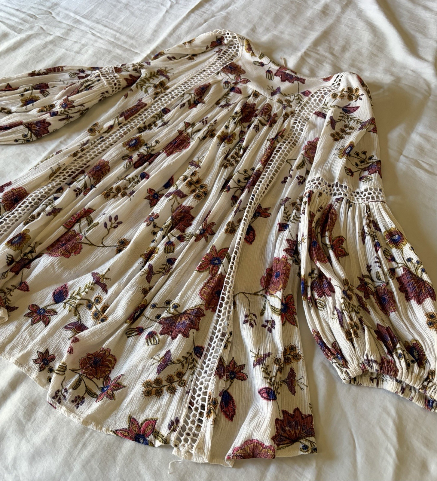 Free People Floral Boho Peasant Blouse V-Neck Balloon Long Sleeve Viscose Size S