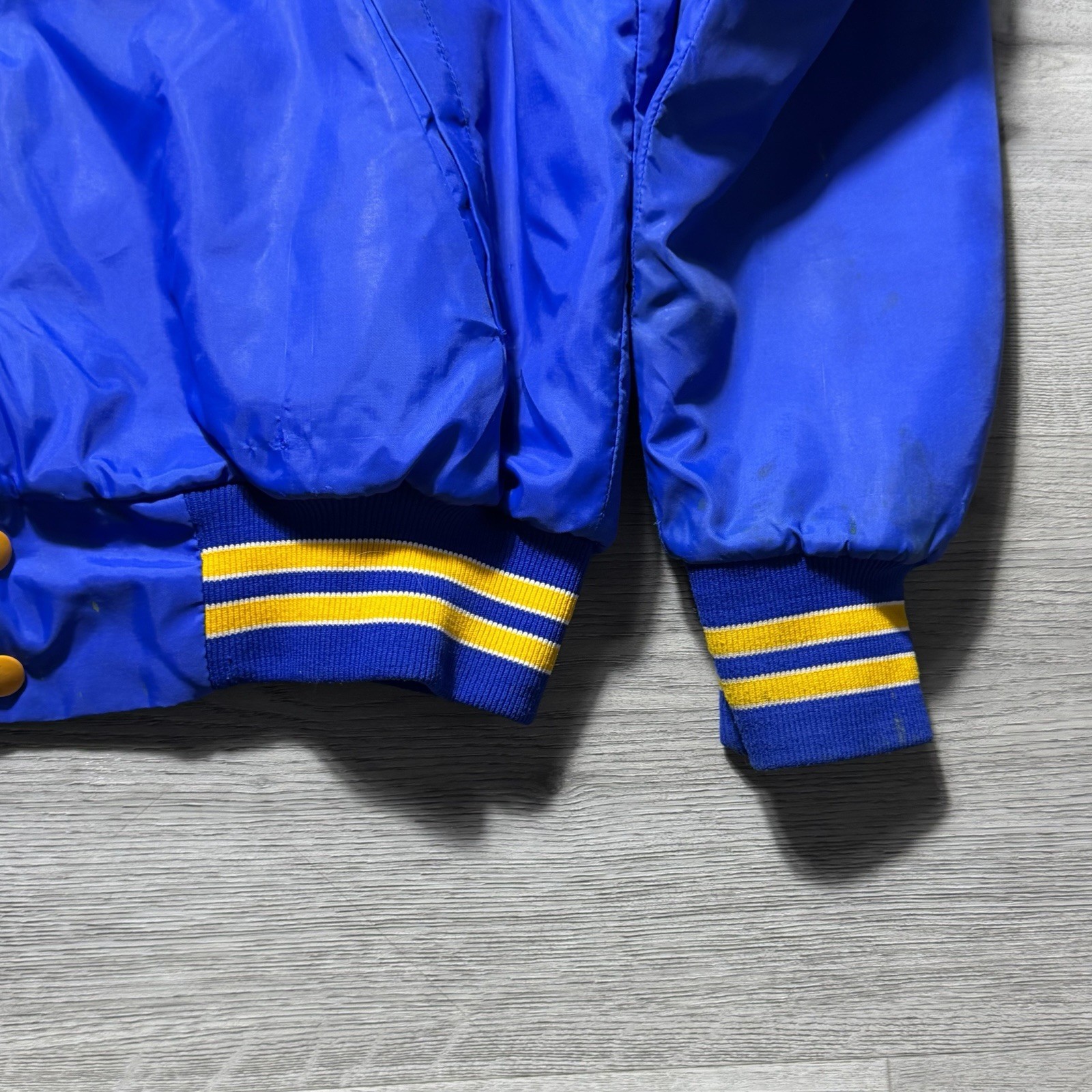 Vintage USA Satin Bomber Jacket Soccer BYC Blue Yellow Fleece Lined Renno Mens M
