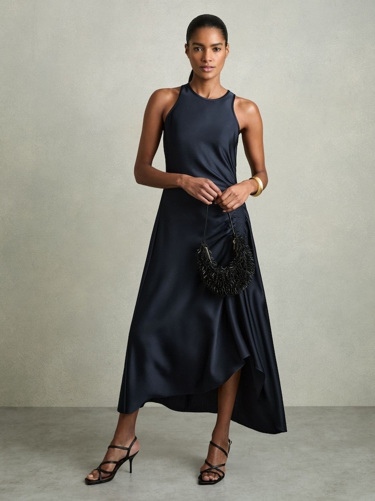 REISS Anessa Satin Shirred Midi Dress Navy UK Size 14