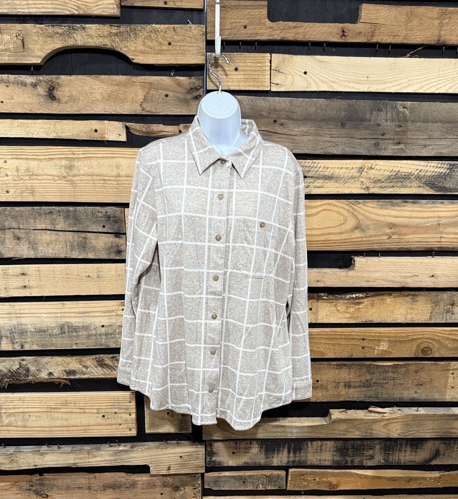 Women’s L.L.Bean Favorite Knit Shirt, Plaid Beige/White Size XL