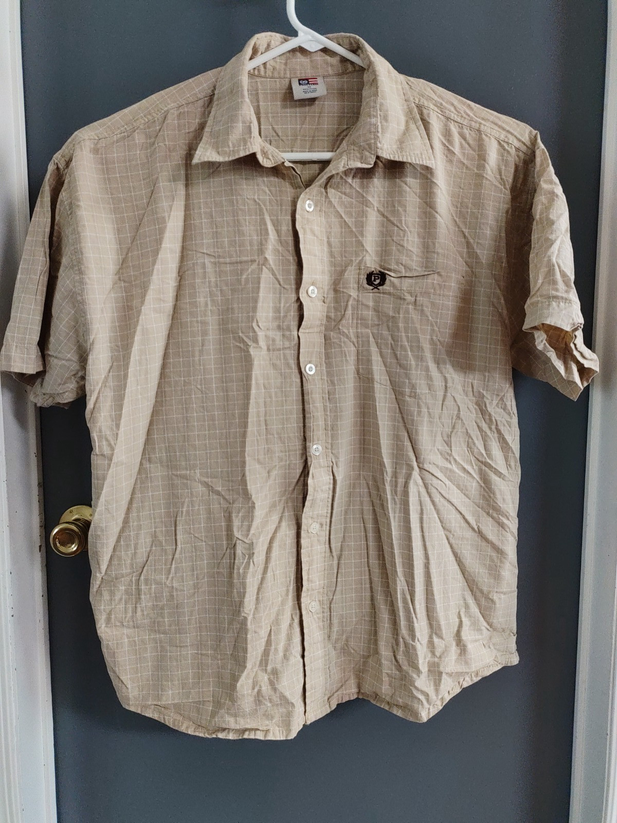 Phat Farm Men’s 3XL Short Sleeve Button Up Shirt Beige White Plaid Hip Hop Y2K
